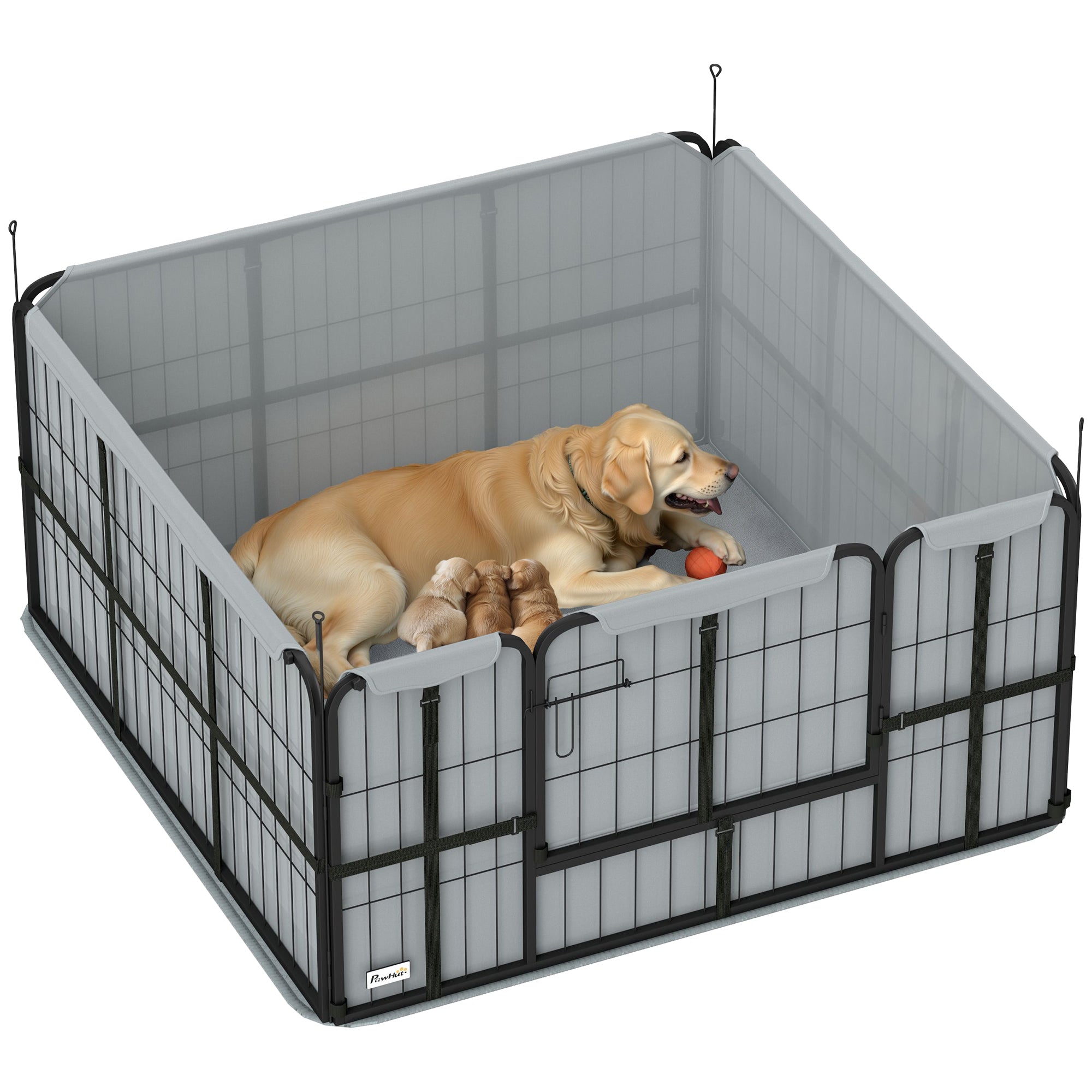Whelping Box for Dogs and Puppies, 4 Panel Whelping Pen with Washable Whelping Pad, Wind-Resistant Cloth, Lockable Door, Dog Playpen for Small and Medium Breeds, 122 x 122 x 60cm