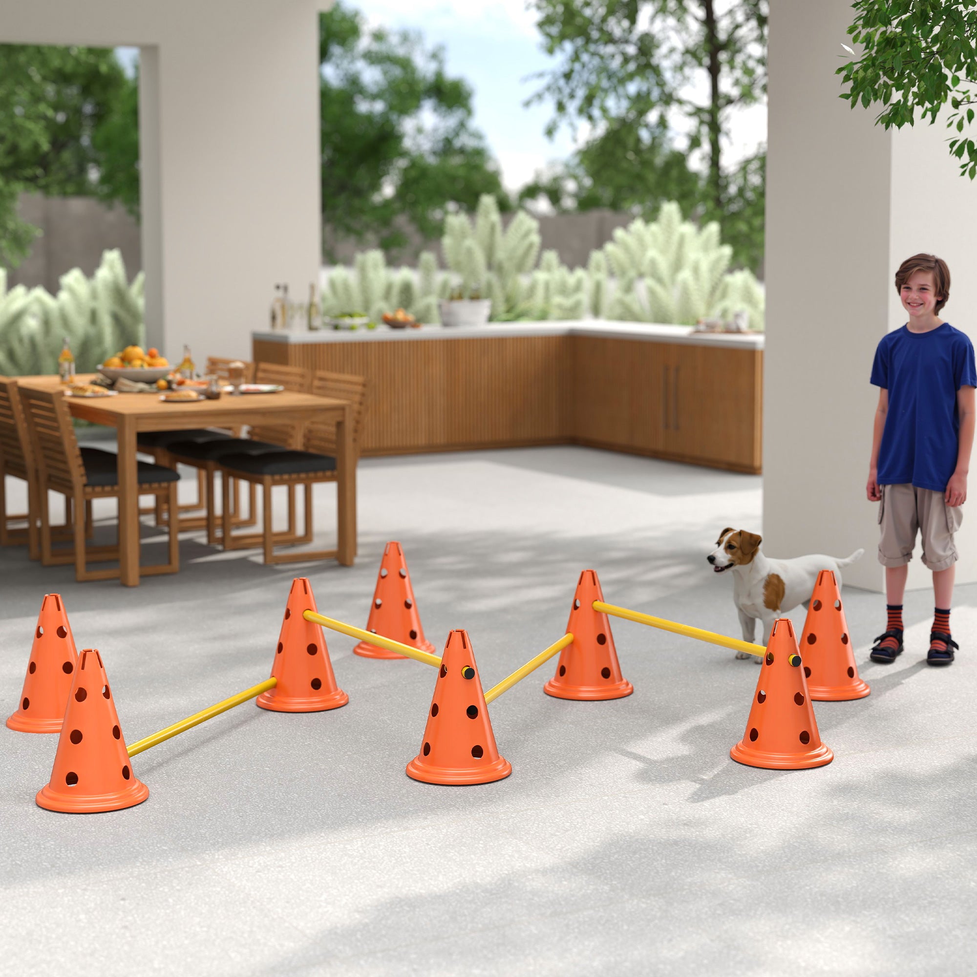 Dog Agility Equipment Set, Portable Pet Jump Training Kit for Eight Cones, Eight Poles with Carry Bag, Four-Piece Adjustable Height Jumping Obstacles, Orange