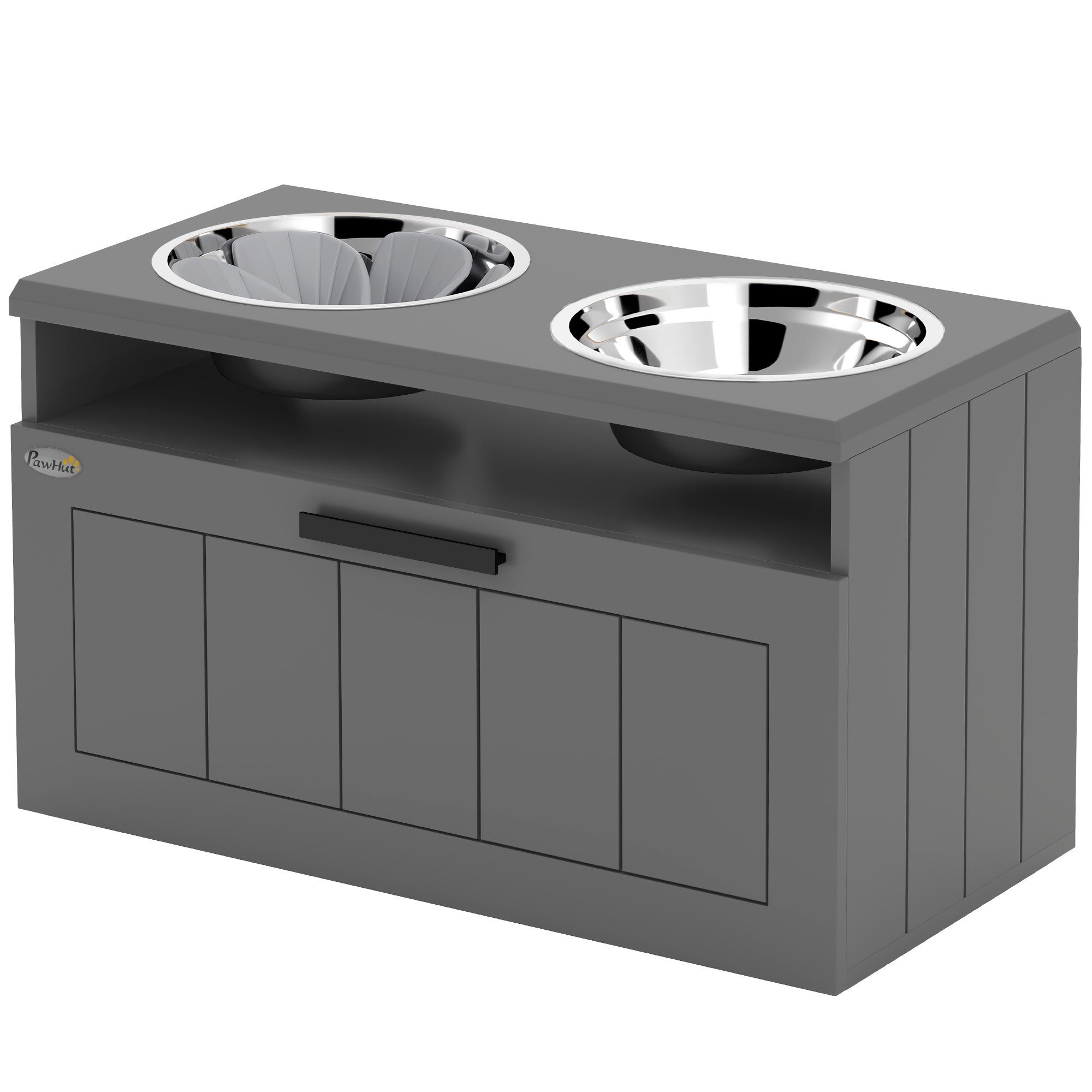 Elevated Dog Bowls, Raised Dogs Bowl Stand with 2 Stainless Steel Bowls, 25L Storage Drawer and Slow Feeder Mat, Dog Feeding Station for Large and Extra Large Dogs, Gray