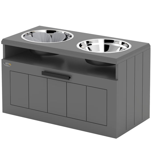 Elevated Dog Bowls, Raised Dogs Bowl Stand with 2 Stainless Steel Bowls, 25L Storage Drawer and Slow Feeder Mat, Dog Feeding Station for Large and Extra Large Dogs, Gray