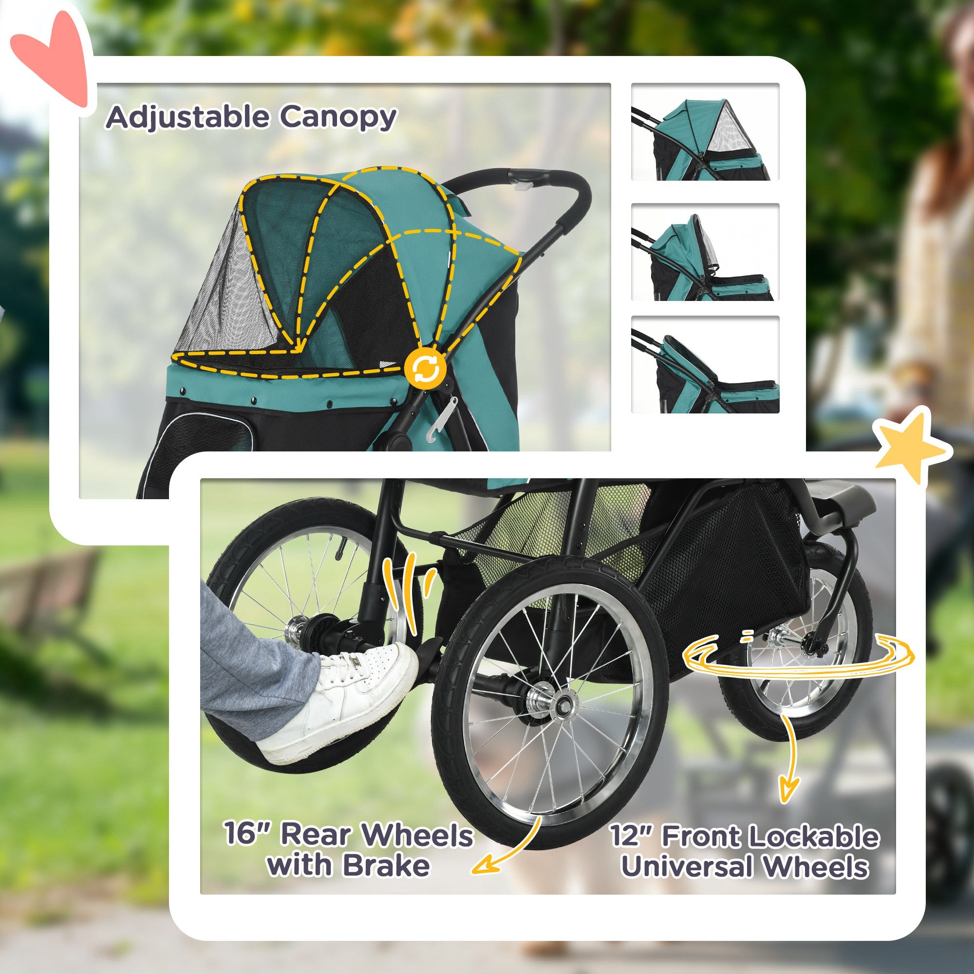 3 Wheels Pet Stroller, Foldable Dog Stroller with Adjustable Canopy, Safety Tether, Cushion, Storage Basket, Portable Jogger for Small and Medium Dogs and Cats, Dark Green
