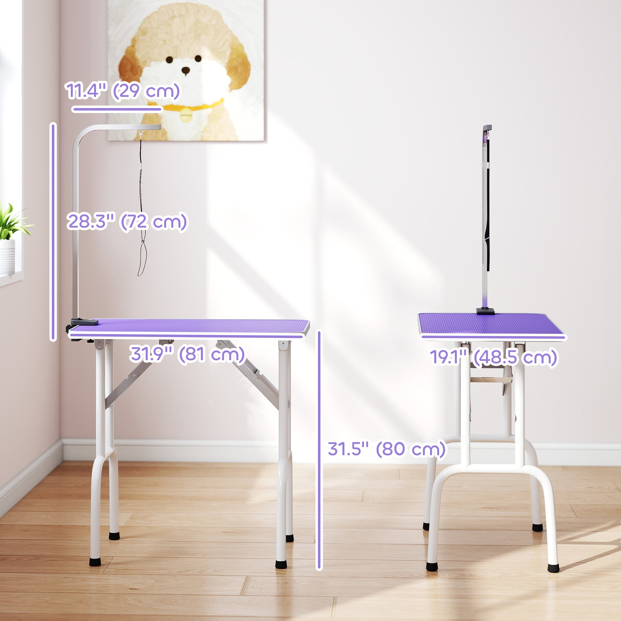 32in Foldable Dog Grooming Table for Small Medium Dogs, Pet Grooming Table for Cats Puppies with Adjustable Arm, Noose and Non-Slip Surface, Purple