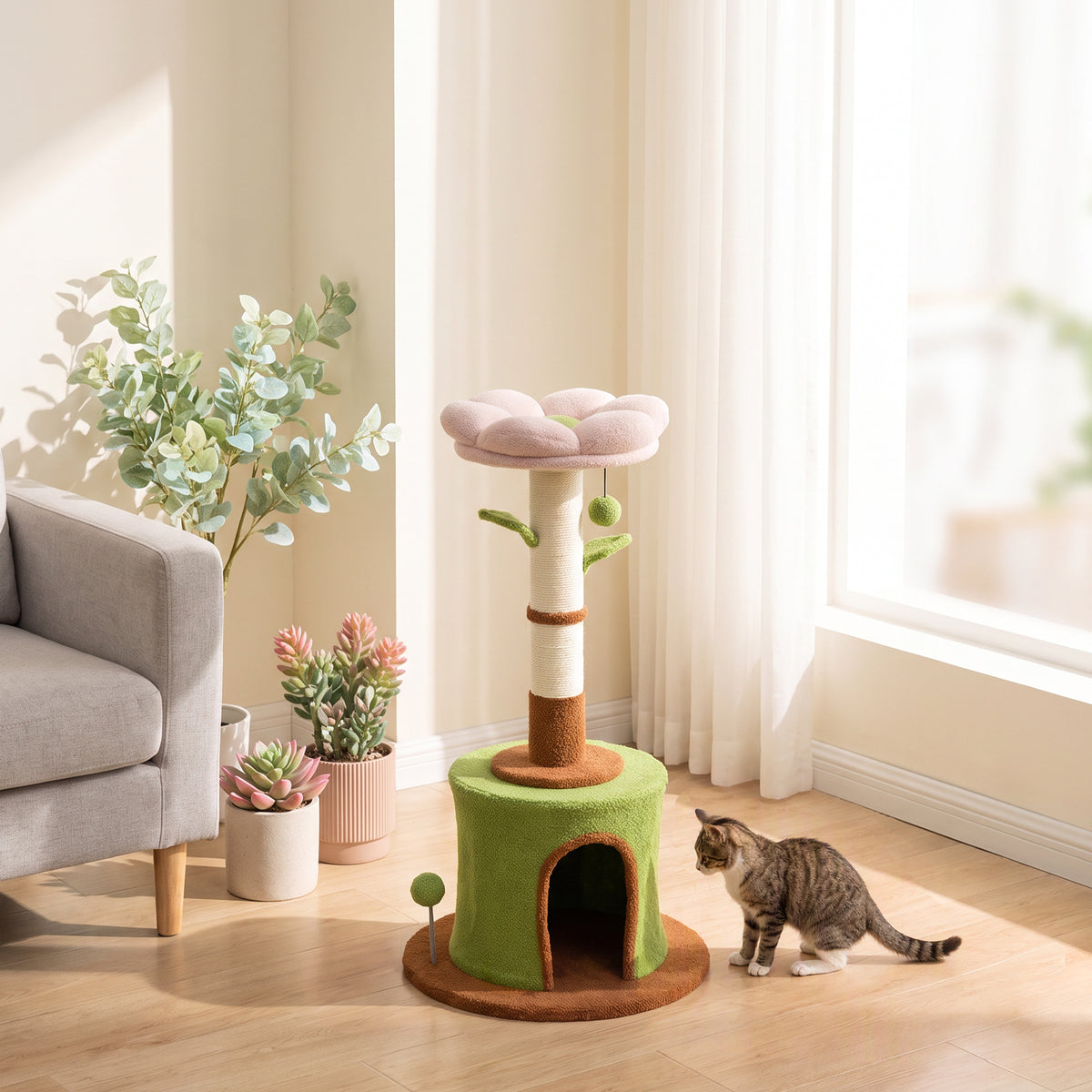 Cat Tree for Indoor Kittens, 88cm Flower Cat Tower with Condo & Bed, Scratching Post, 2 Toy Balls and 2 Crinkle Leaves, Kitty Activity Centre for Playing and Resting