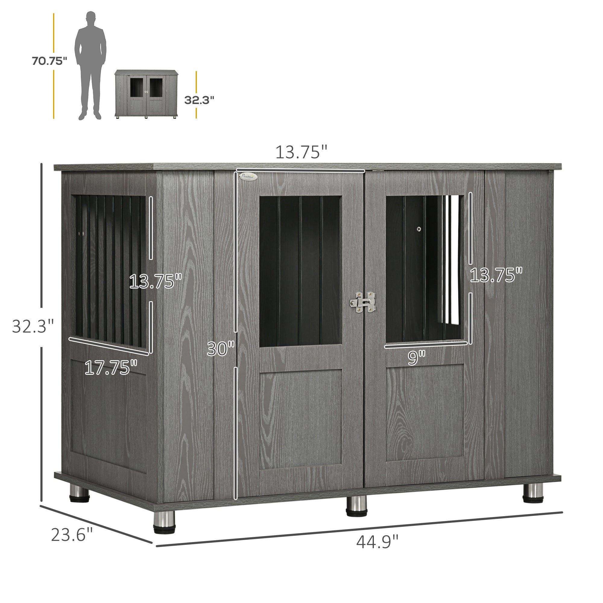 PawHut Dog Crate Furniture, Wooden End Table Furniture with Lockable Magnetic Doors, Extra Large Size Pet Kennel Indoor Animal Cage, Gray