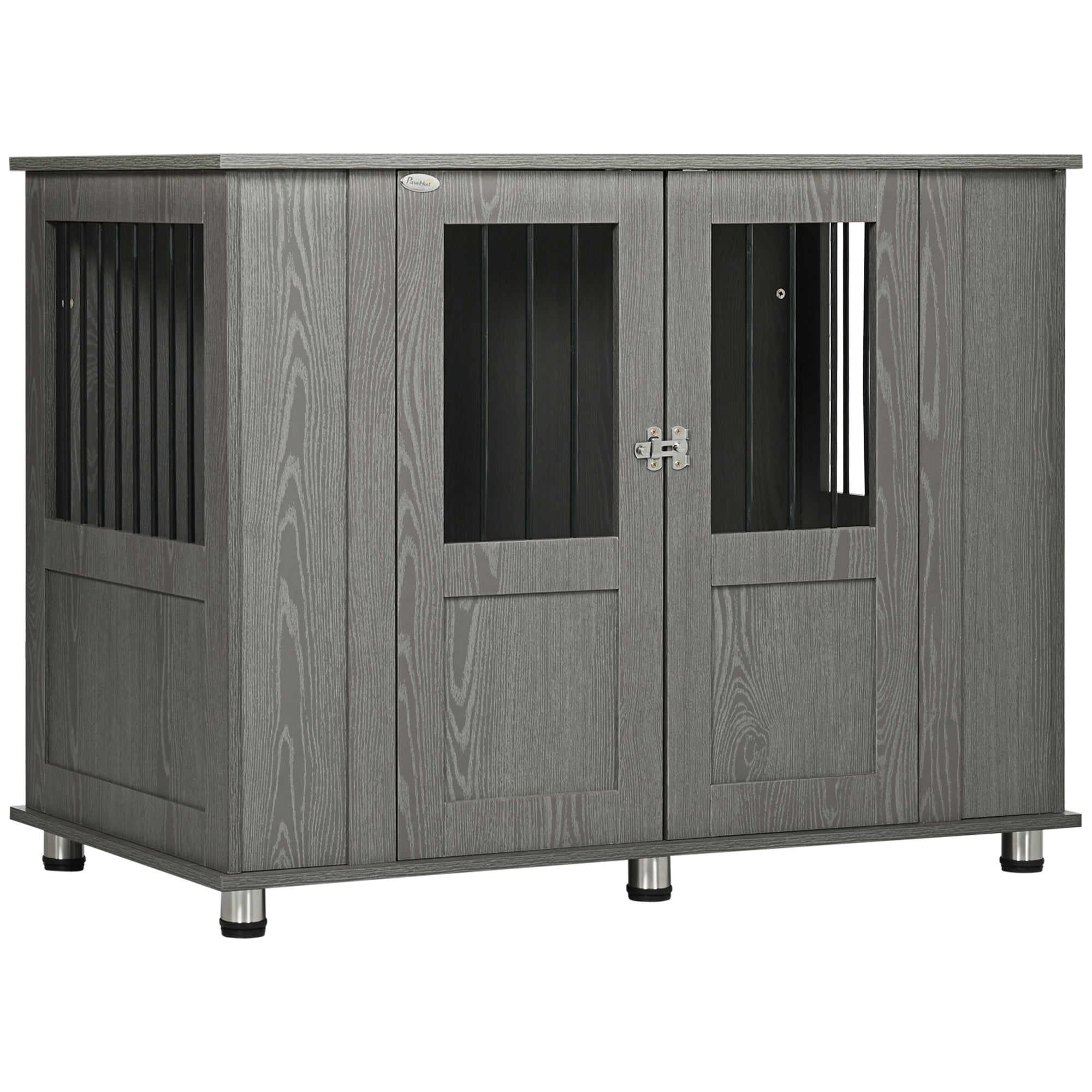 PawHut Dog Crate Furniture, Wooden End Table Furniture with Lockable Magnetic Doors, Extra Large Size Pet Kennel Indoor Animal Cage, Gray