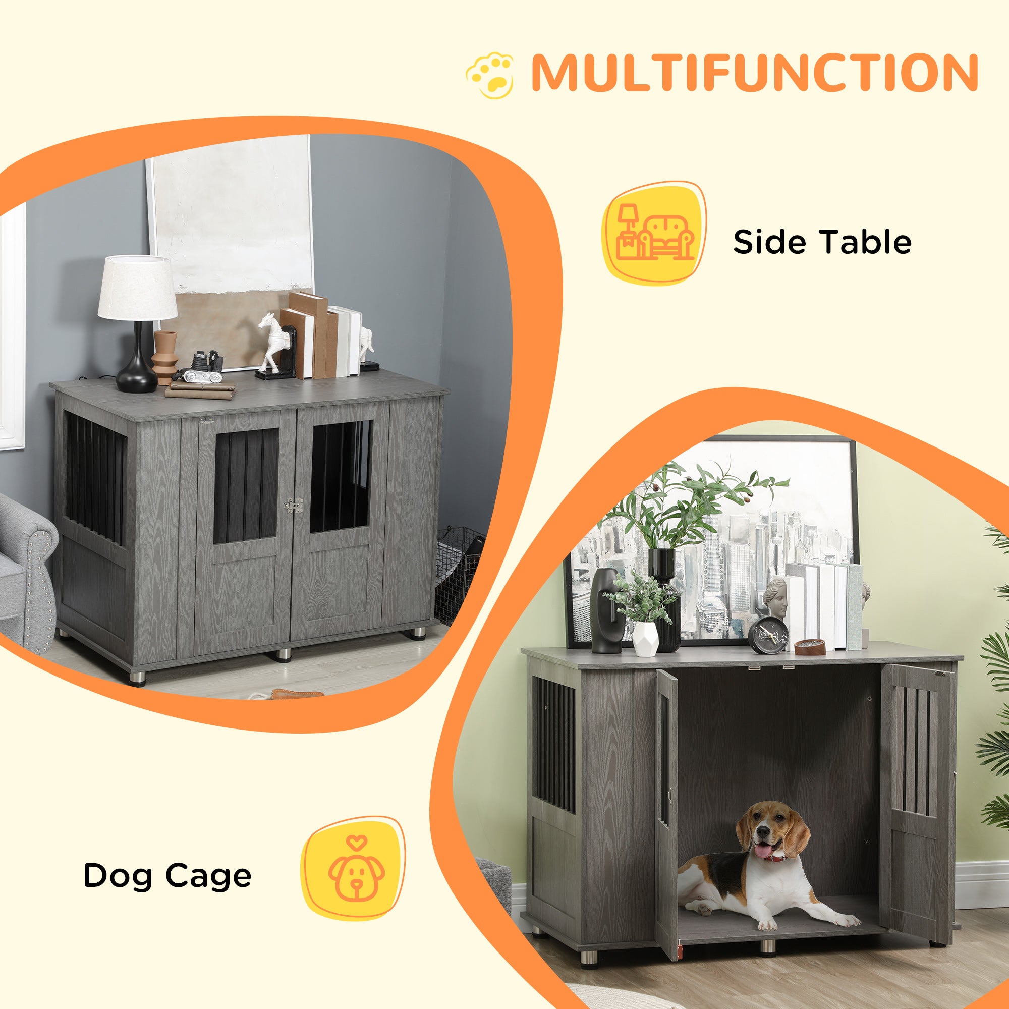 PawHut Dog Crate Furniture, Wooden End Table Furniture with Lockable Magnetic Doors, Extra Large Size Pet Kennel Indoor Animal Cage, Gray