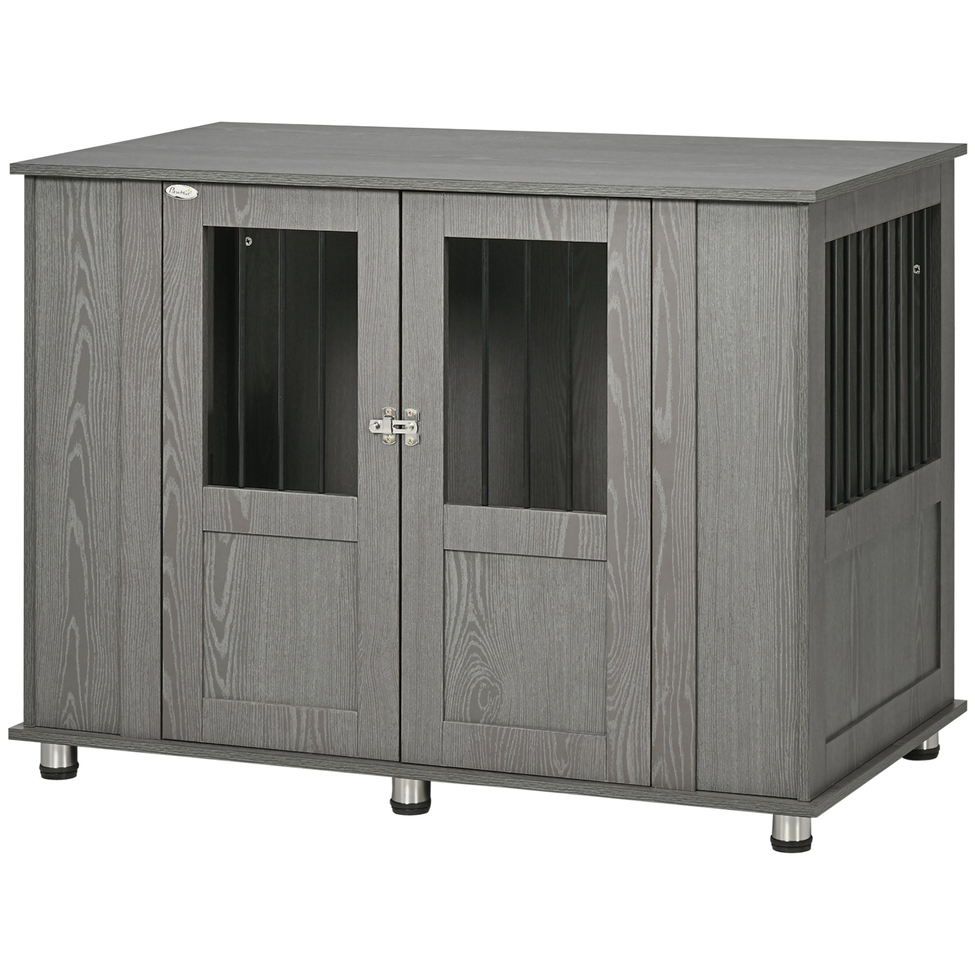PawHut Dog Crate Furniture, Wooden End Table Furniture with Lockable Magnetic Doors, Extra Large Size Pet Kennel Indoor Animal Cage, Gray