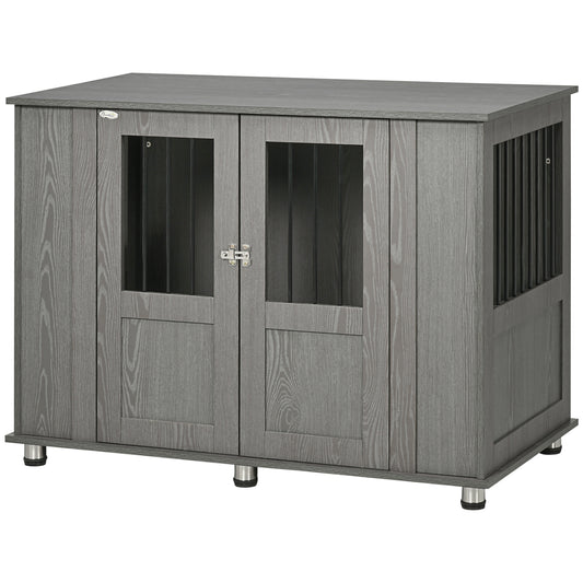 PawHut Dog Crate Furniture, Wooden End Table Furniture with Lockable Magnetic Doors, Extra Large Size Pet Kennel Indoor Animal Cage, Gray