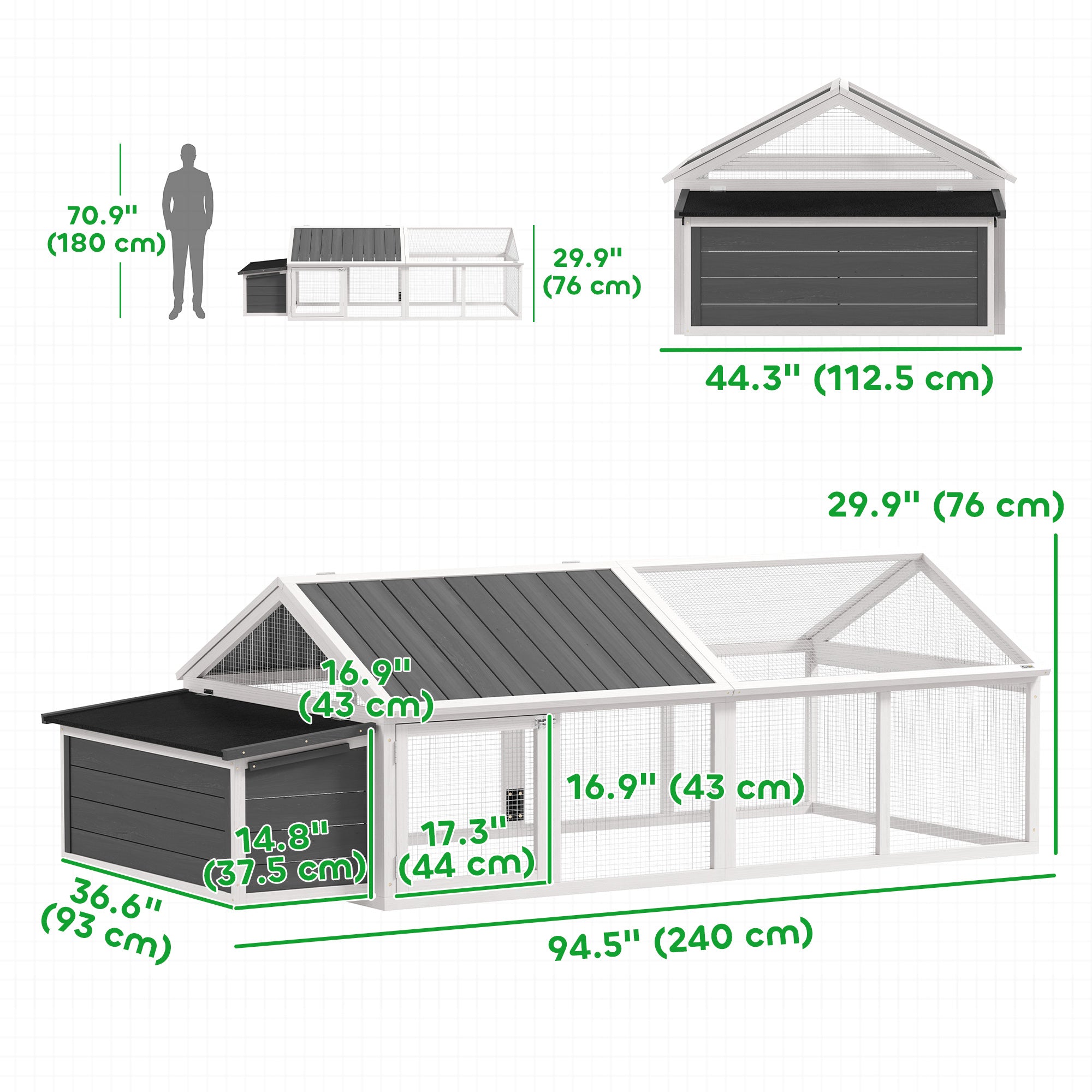 95"L Large Chicken Run, Wooden Chicken Coop with Nesting Box, Lift-up Top, Side Door and Wooden Roof, Poultry Cage for Outdoor, for 4 to 8 Chickens, Rabbits, Ducks, White