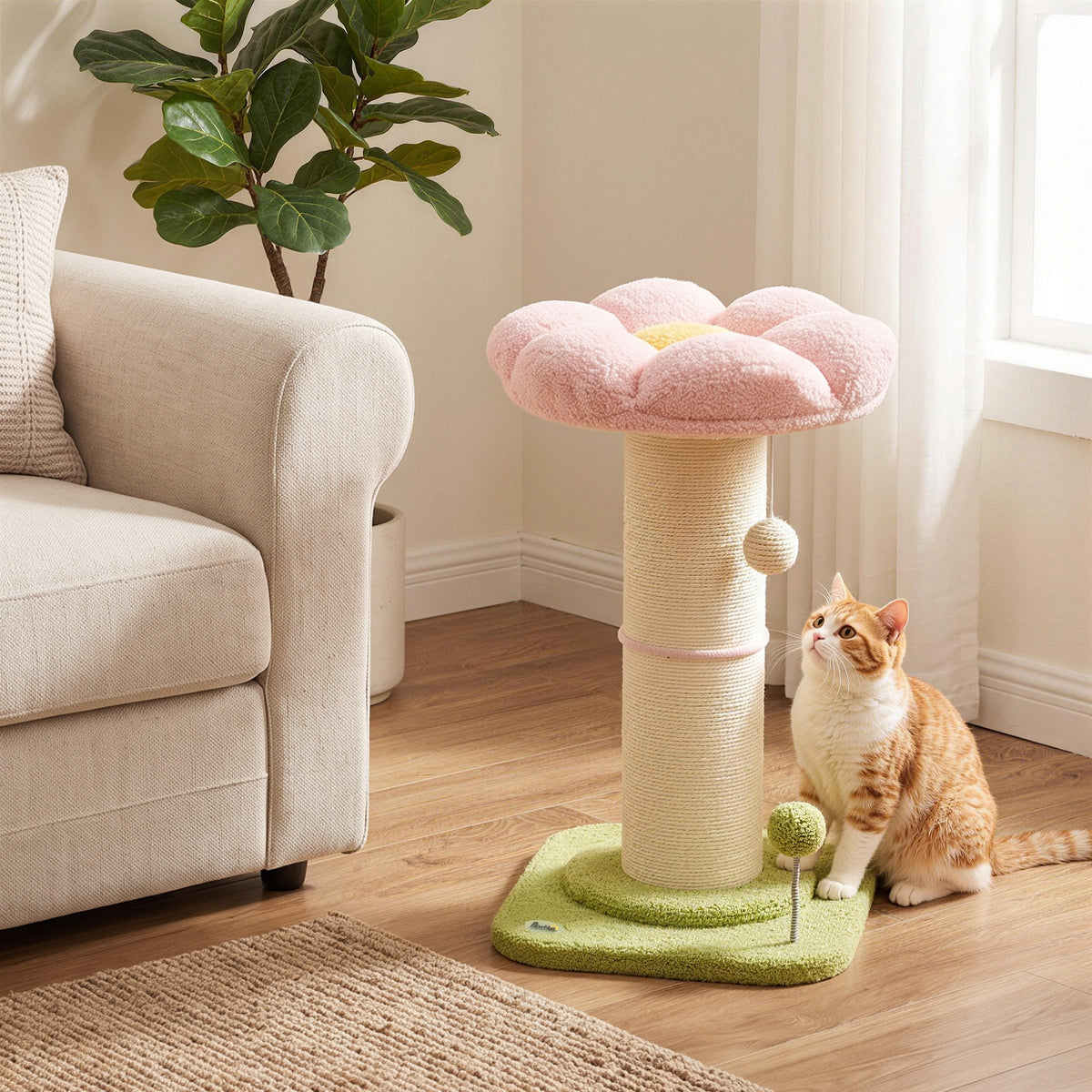 Cat Tree, Flower Cat Scratching Post with Thick Sisal Post, Dangling & Spring Balls, Bed, Kitty Activity Centre for Indoor Kittens, Stable Structure, Easy to Assemble, Pink