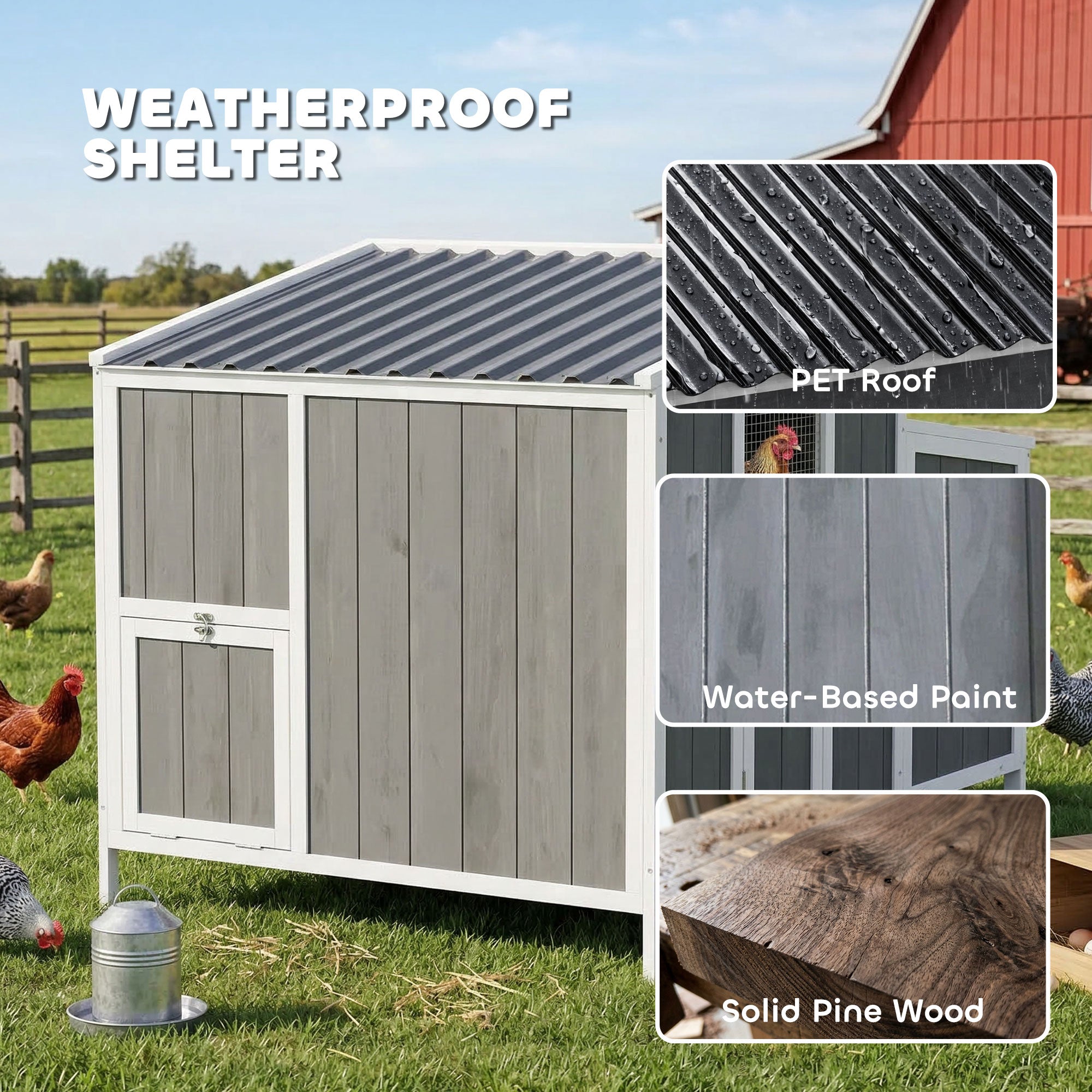 Chicken Coop, Wooden Chicken House for 4-6 Hens, Outdoor Hen House with Nesting Box, Pull-Out Tray and Weatherproof Roof, Poultry Hutch for Backyard, 48" x 39" x 40", Gray