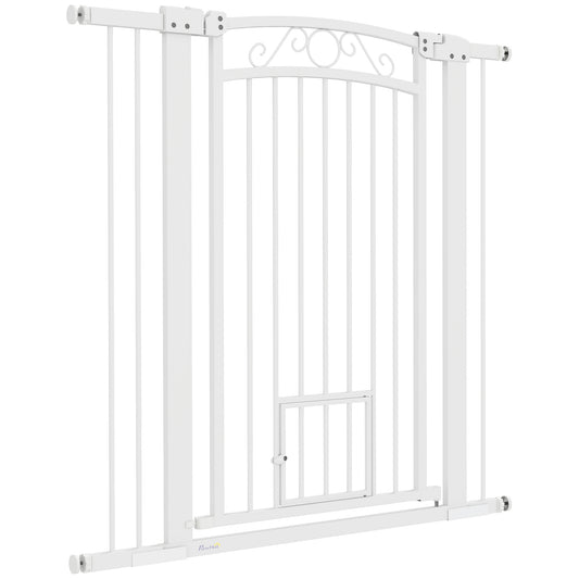 Dog Gate, Walk Through Pet Gate with Small Pet Door, Auto Close, for Doorways, House, Stair, 2 Extension Kits, Pressure Mount Kit, 30"-41" W x 42" H