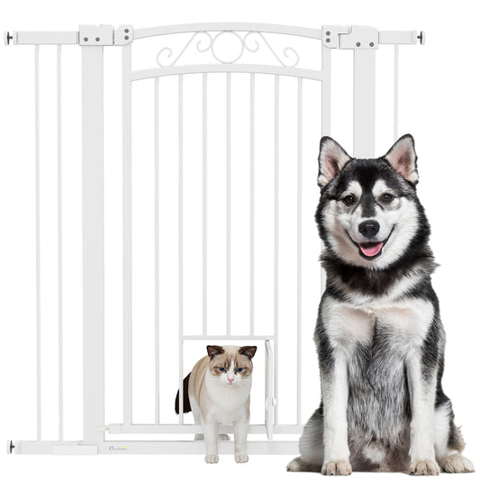 Dog Gate, Walk Through Pet Gate with Small Pet Door, Auto Close, for Doorways, House, Stair, 2 Extension Kits, Pressure Mount Kit, 30"-41" W x 42" H