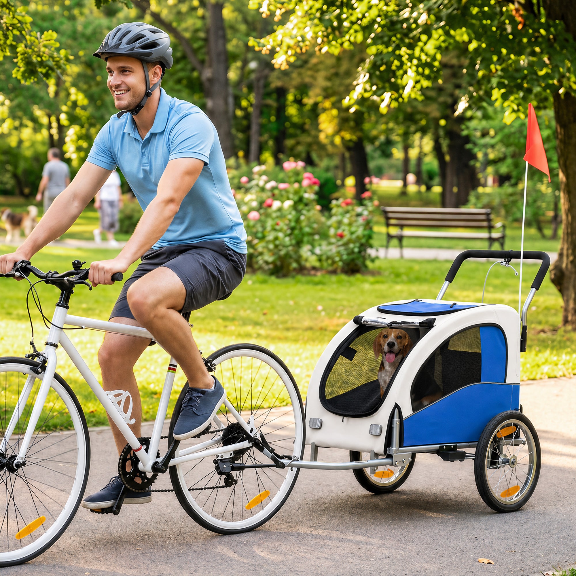 Dog Bike Trailer, 2-in-1 Pet Stroller Cart Bicycle Carrier, Folding Cart Frame with Suspension, Universal Bicycle Coupler, Reflectors, Flag, for Medium Dogs Up to 44 LBS, Light Gray