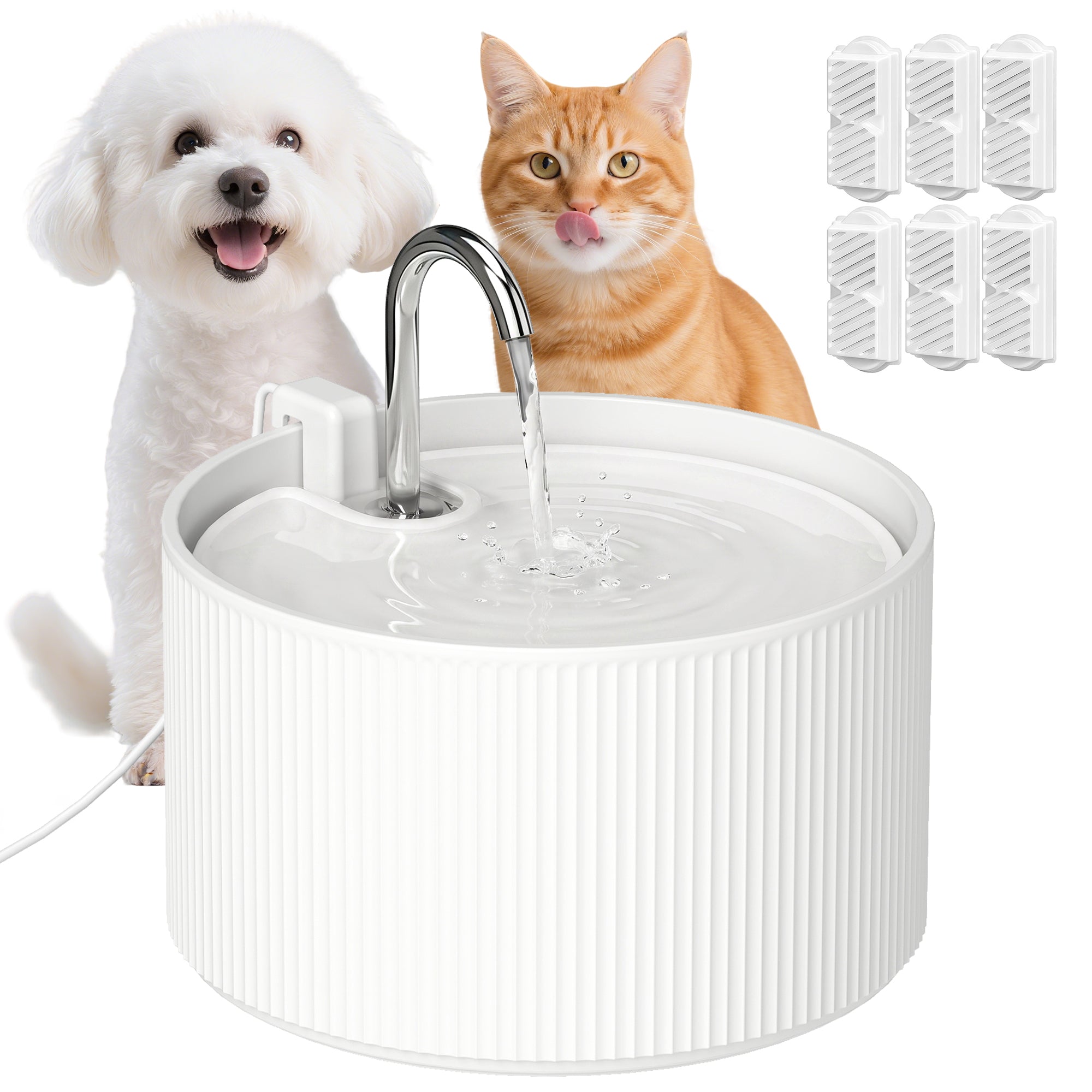 Ceramic Cat Water Fountain, 2.2L/74oz Pet Water Fountain with Ultra-Quiet Pump, 4-Layer Filtration, Faucet, for Cats and Dogs, Easy to Clean, White