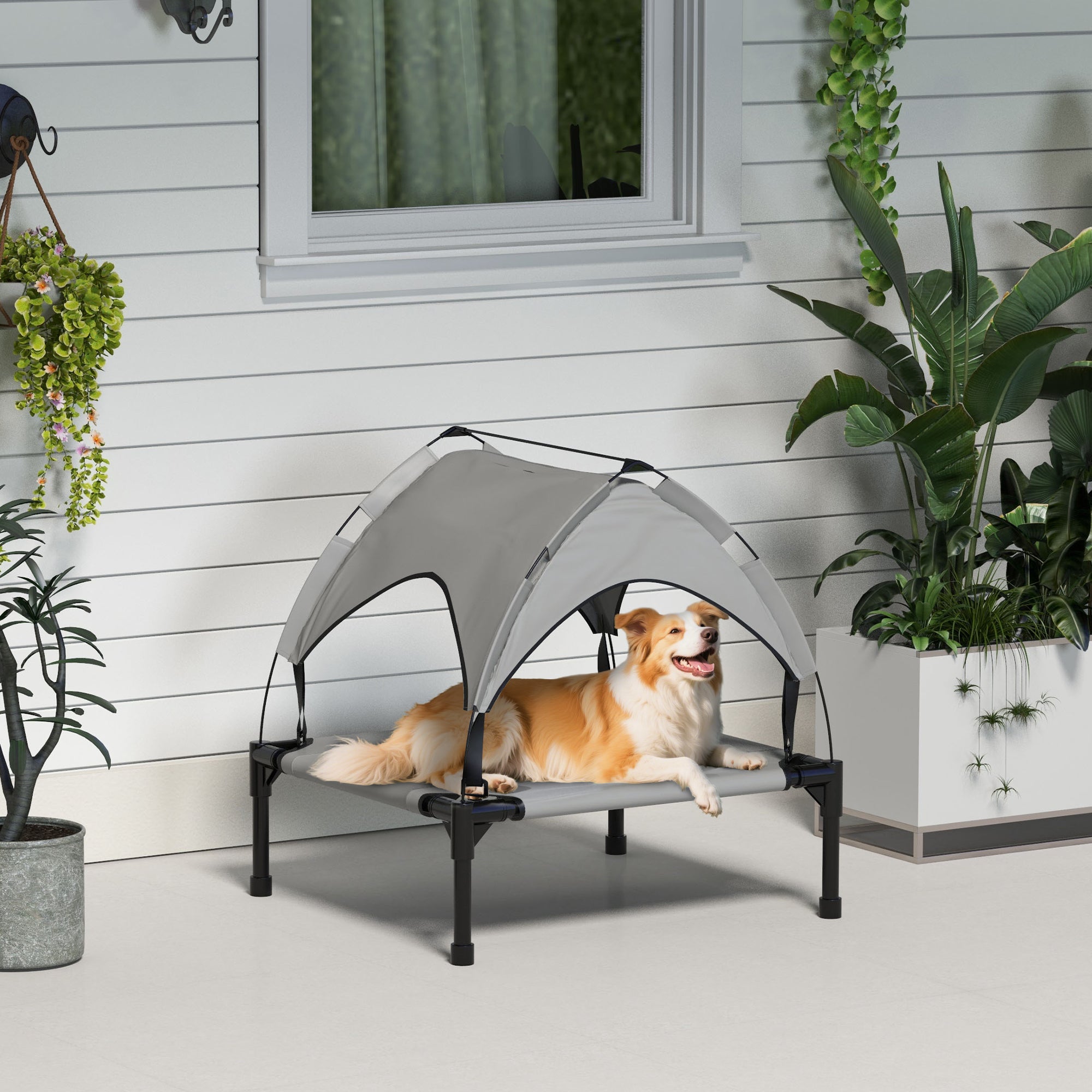 Elevated Dog Bed with Canopy, Raised Outdoor Pet Bed for Camping, Portable Raised Pet Cot with Washable Breathable Mesh, for Indoor Outdoor, Large Dogs, 30" x 24" x 27", Light Gray