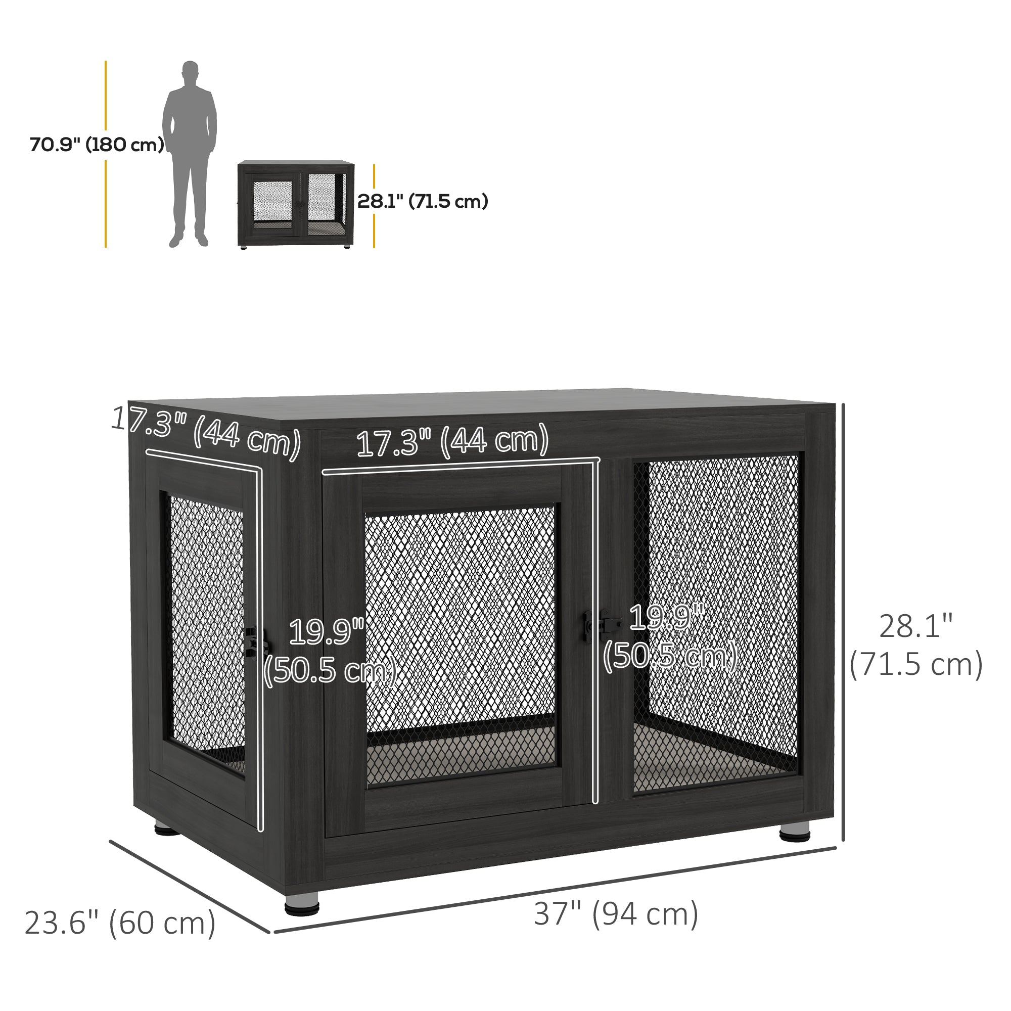37in Dog Crate Furniture with Cushion, Indoor Pet Kennel End Table with 2 Doors, for Large Dogs, Black