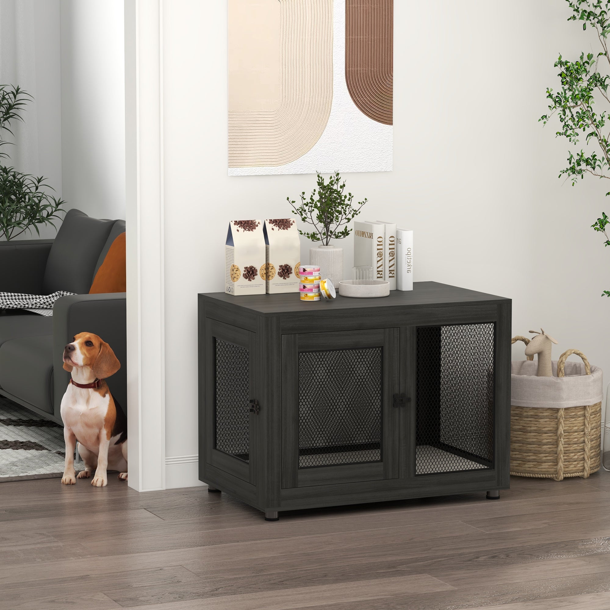 37in Dog Crate Furniture with Cushion, Indoor Pet Kennel End Table with 2 Doors, for Large Dogs, Black
