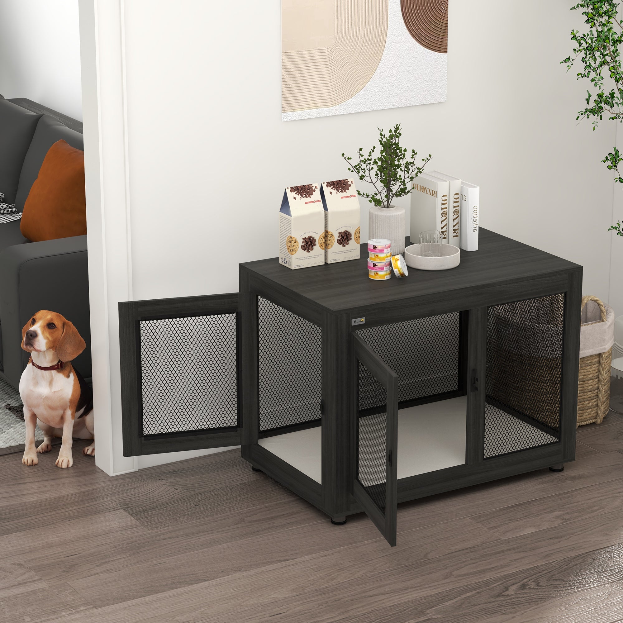 37in Dog Crate Furniture with Cushion, Indoor Pet Kennel End Table with 2 Doors, for Large Dogs, Black