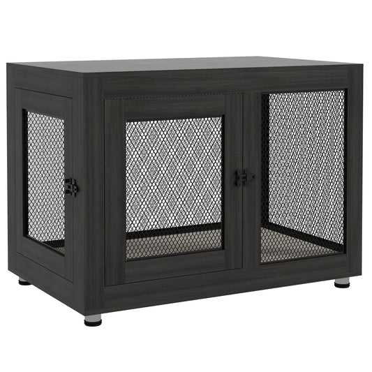 37in Dog Crate Furniture with Cushion, Indoor Pet Kennel End Table with 2 Doors, for Large Dogs, Black