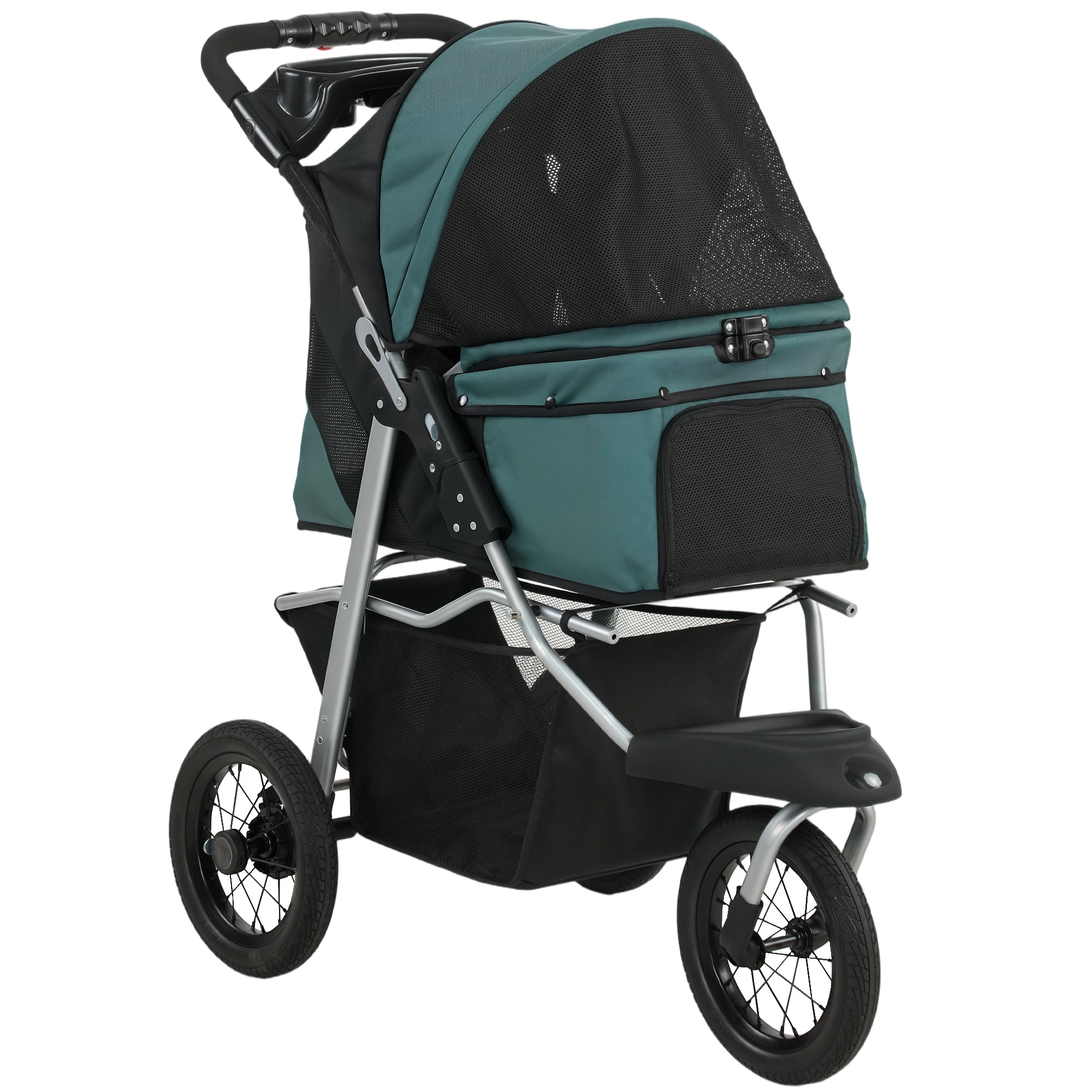 Dog Stroller for Small Dogs, 3 Wheel Foldable Pet Stroller with 12" Rubber Wheels, Mesh Window, One-Foot Brake, Storage Basket and Cup Holder, Up to 22 LBS, Dark Green