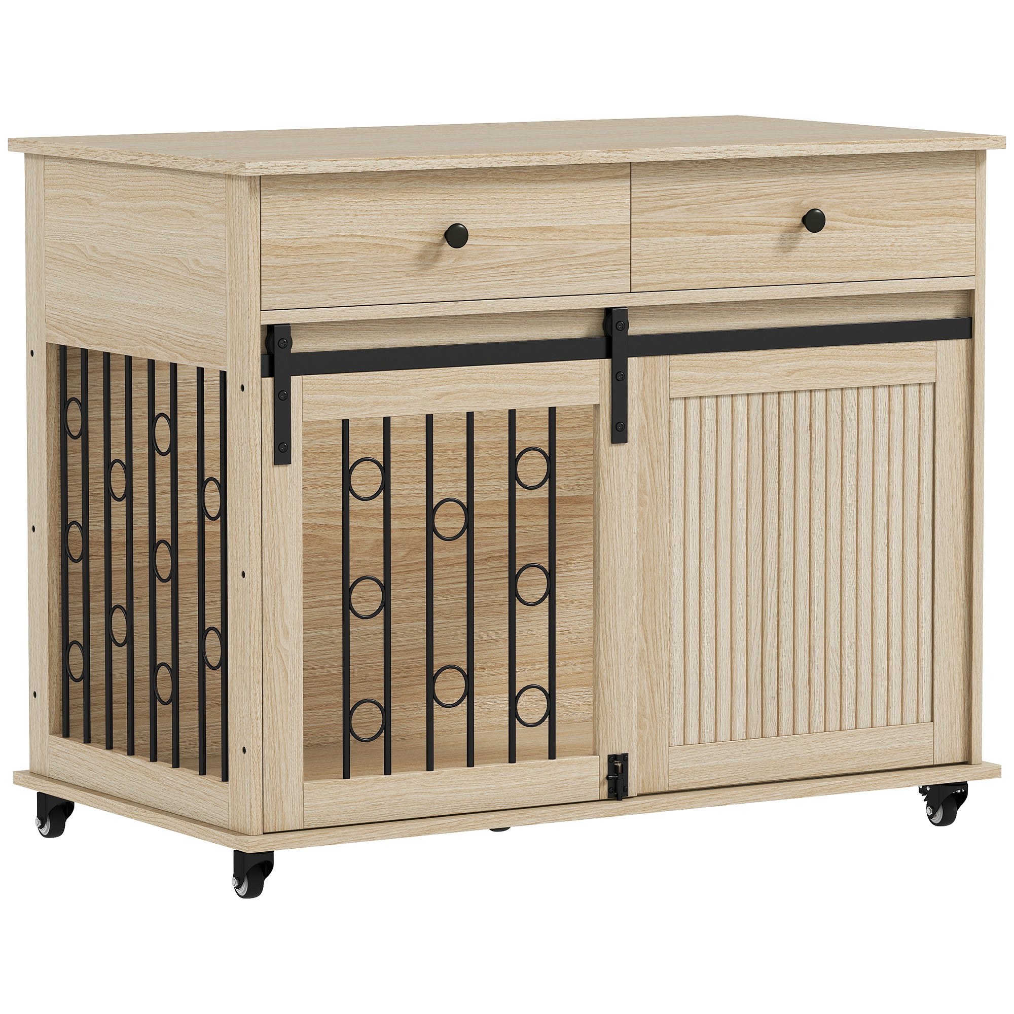 Dog Crate Furniture on Wheels, Dog Cage with 2 Drawers, Sliding Door, Indoor Kennel End Side Table for Medium Large Breeds, Oak Tone