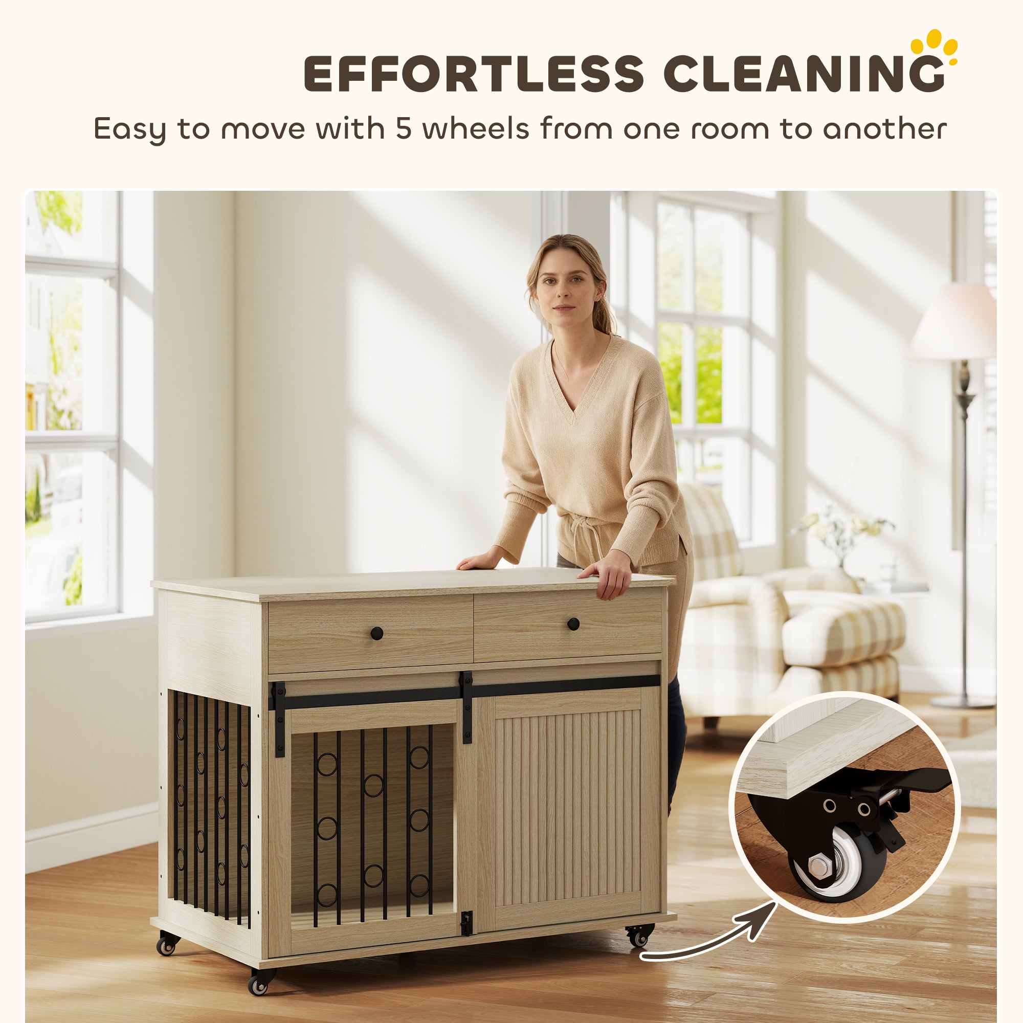 Dog Crate Furniture on Wheels, Dog Cage with 2 Drawers, Sliding Door, Indoor Kennel End Side Table for Medium Large Breeds, Oak Tone