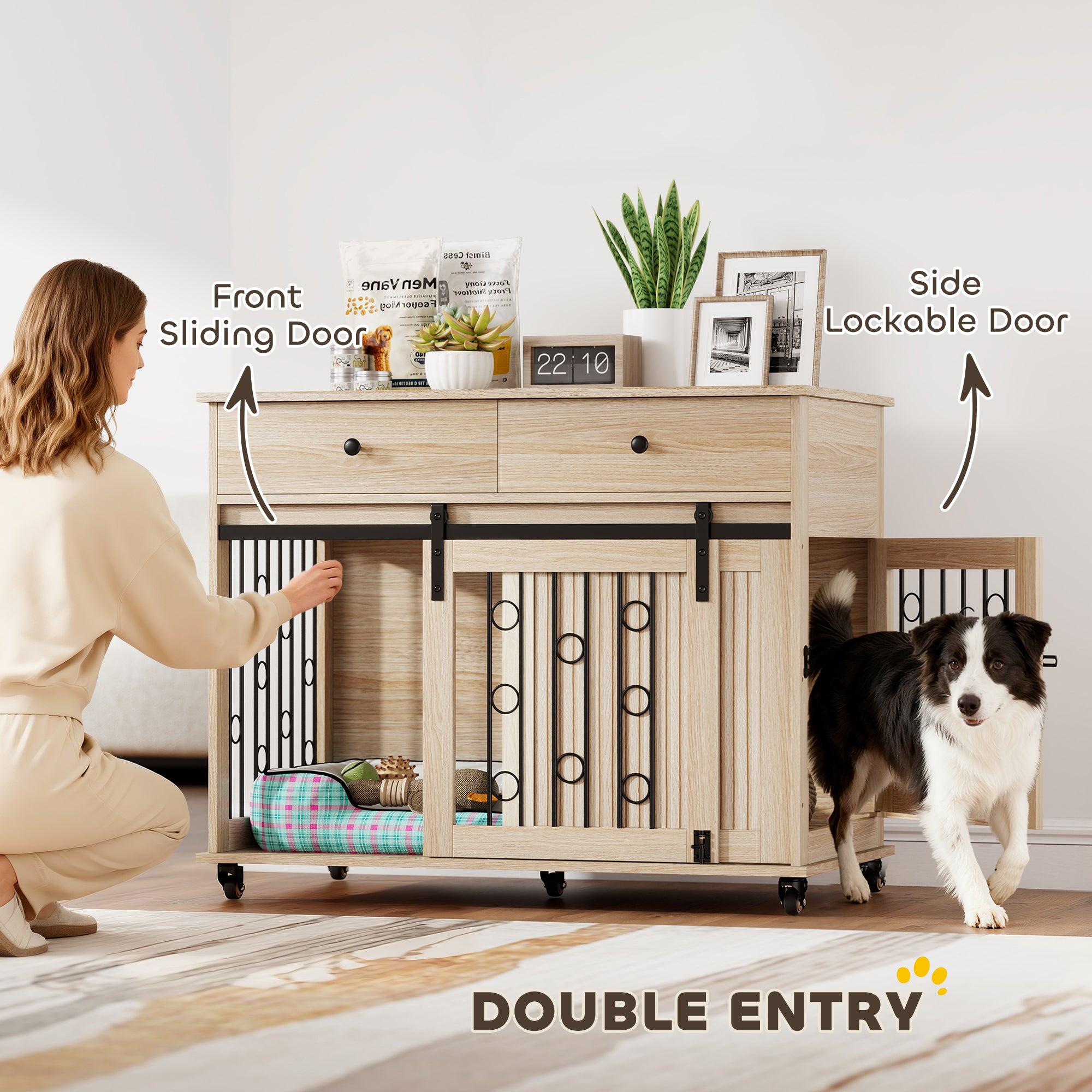 Dog Crate Furniture on Wheels, Dog Cage with 2 Drawers, Sliding Door, Indoor Kennel End Side Table for Medium Large Breeds, Oak Tone