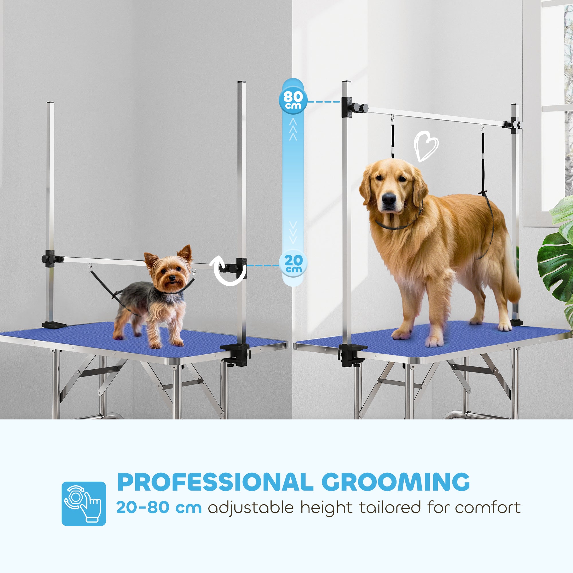 42" Foldable Dog Grooming Table Adjustable Pet Cat Drying Beauty Table Rubber Top with 2 Loops Storage Basket Metal Blue