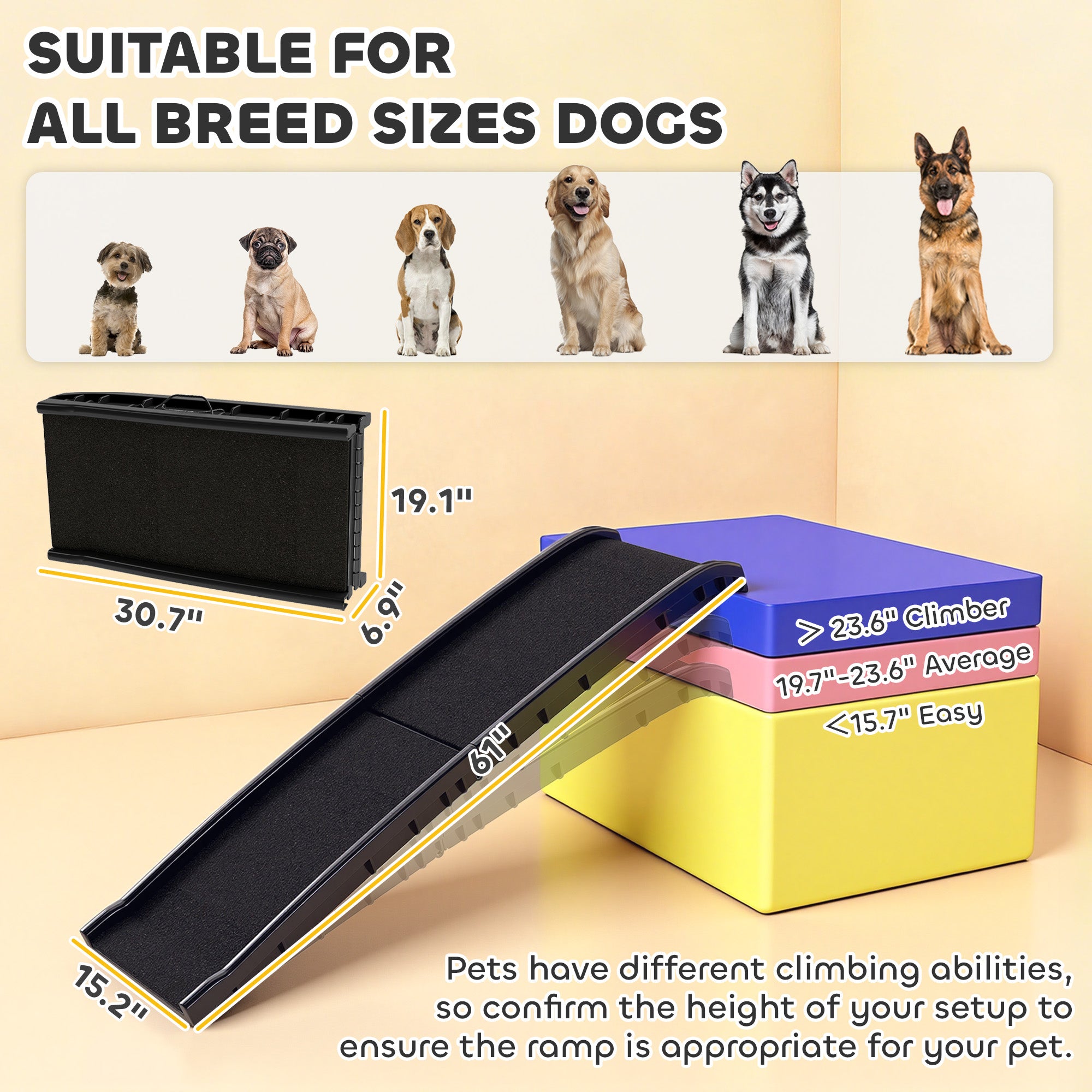 Folding Dog Ramp for Car, Truck, SUV, 61 Inches Portable Pet Ramp with Frosted Surface, Non Slip with Raised Side Rails