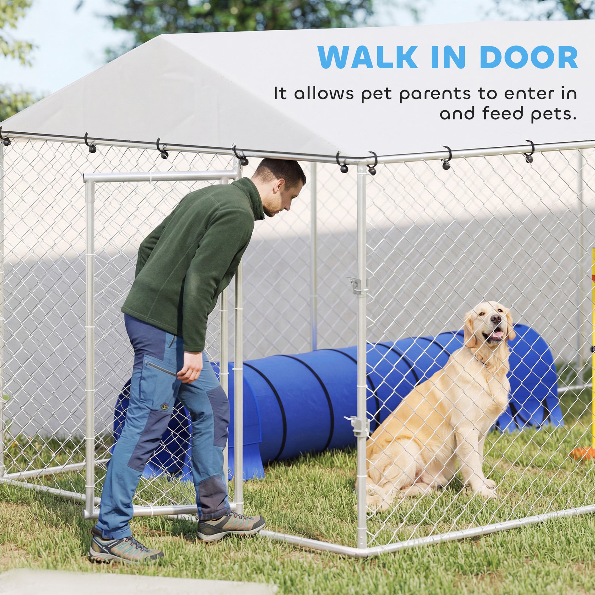 Outdoor Dog Kennel, Heavy Duty Dog Run Outdoor Fence with Waterproof Cover, Galvanized Chain Link, Secure Lock, for Large Breeds, Chickens, Ducks, 20' x 7.5' x 6.5'