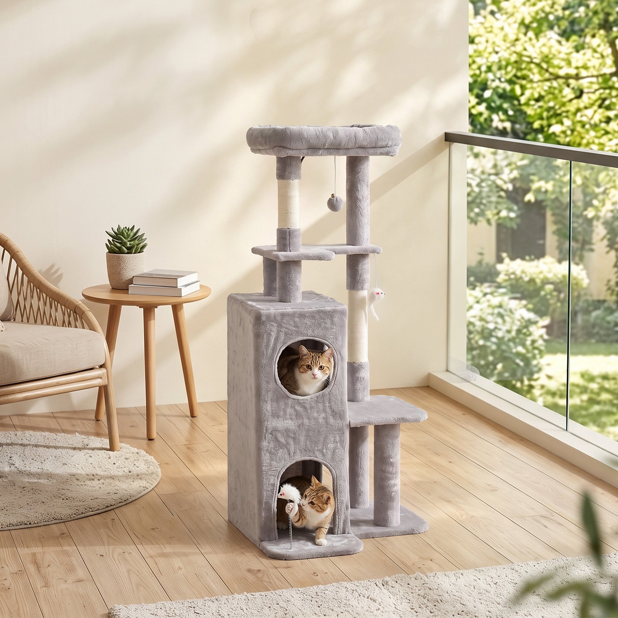 52" Cat Tree, Multi-Level Large Cat Tower House with 2-Tier Condo, Bed, Sisal Scratching Posts and Teaser Toys for Indoor Kittens Activity Center, Light Grey