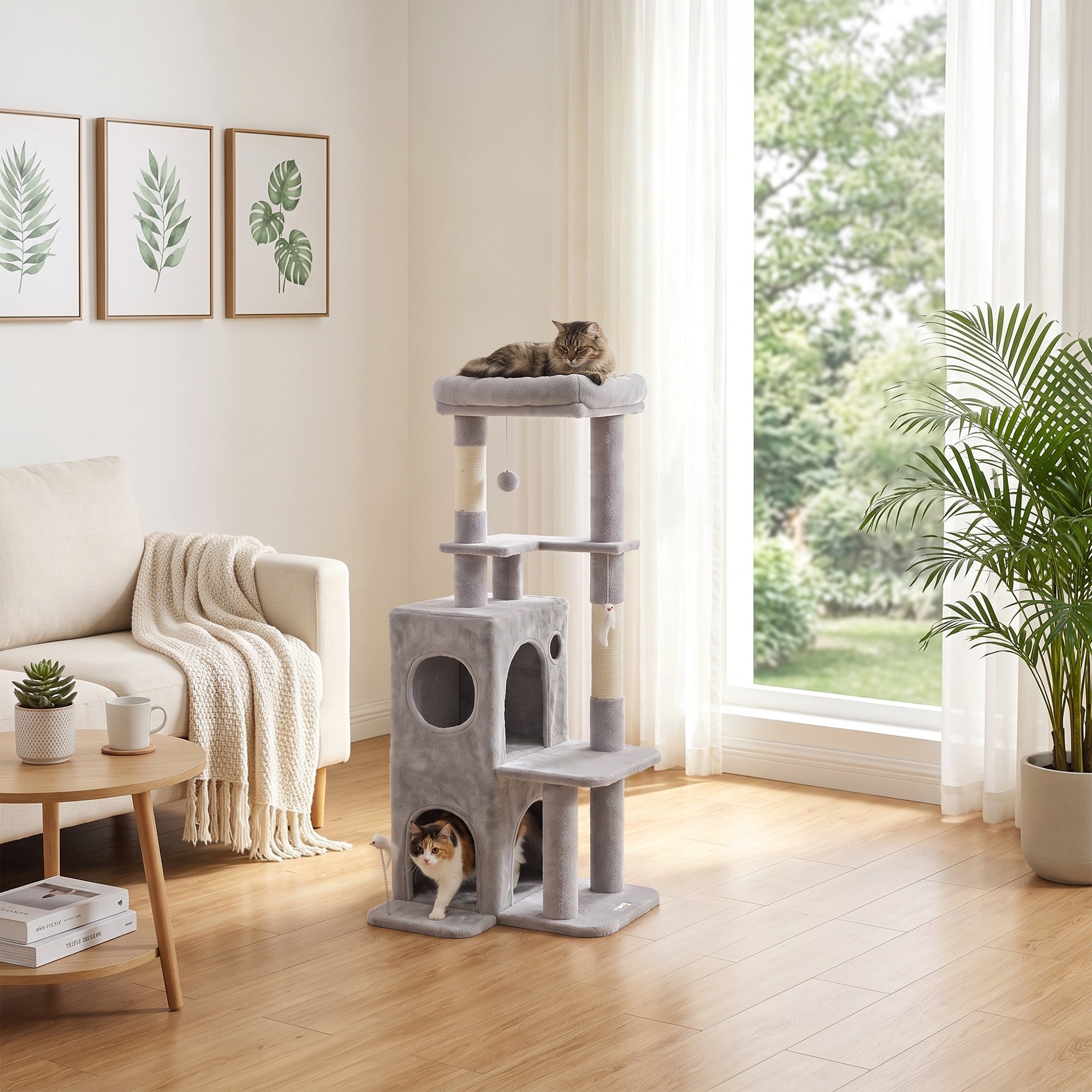52" Cat Tree, Multi-Level Large Cat Tower House with 2-Tier Condo, Bed, Sisal Scratching Posts and Teaser Toys for Indoor Kittens Activity Center, Light Grey