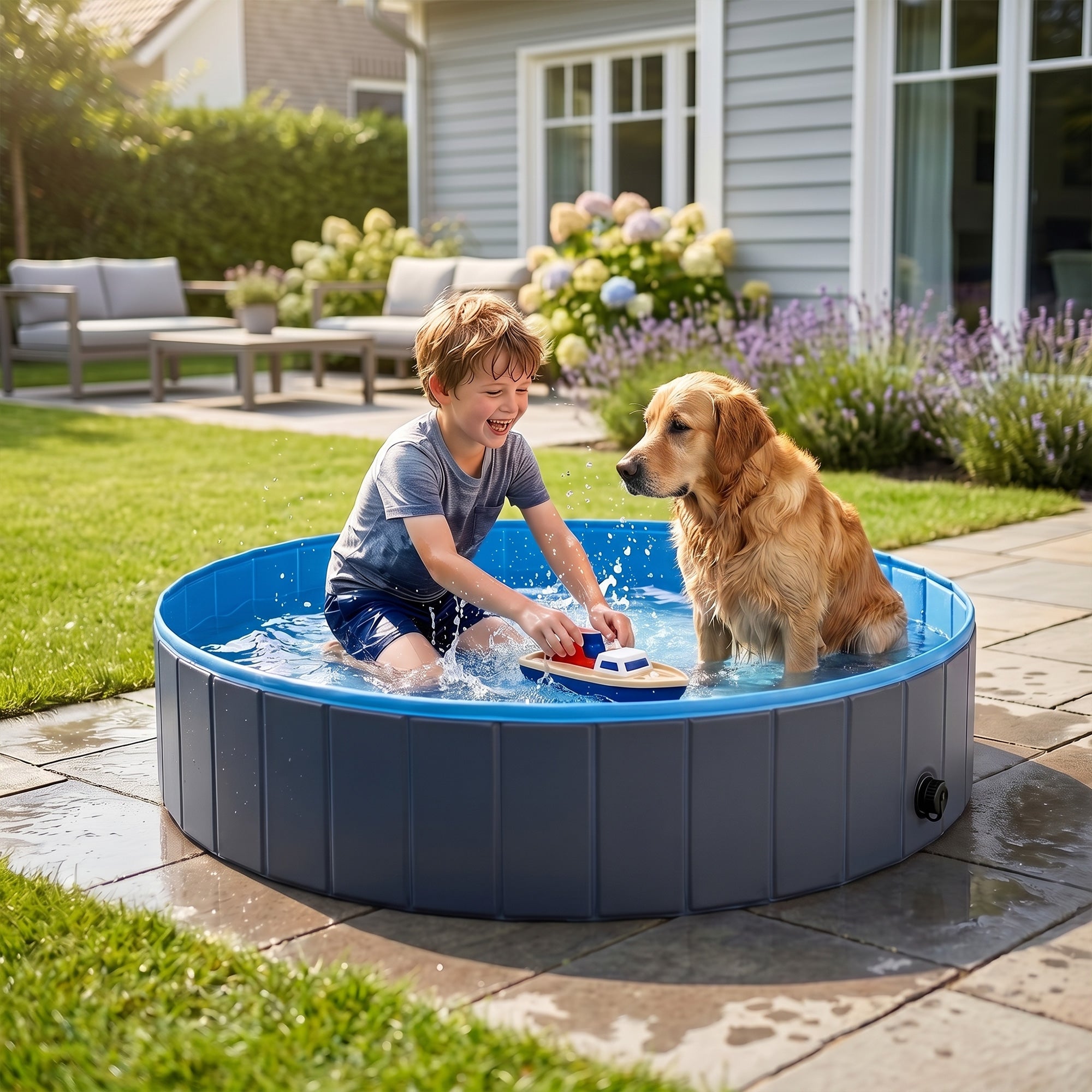 Foldable Dog Pool for Puppies and Ducks, Thickened PVC Dog Paddling Pool Bath Tub Hard Board, Anti-Slip Bottom and Hose Adapter for Easy Drainage, 140 x 30cm, Blue and Dark Grey
