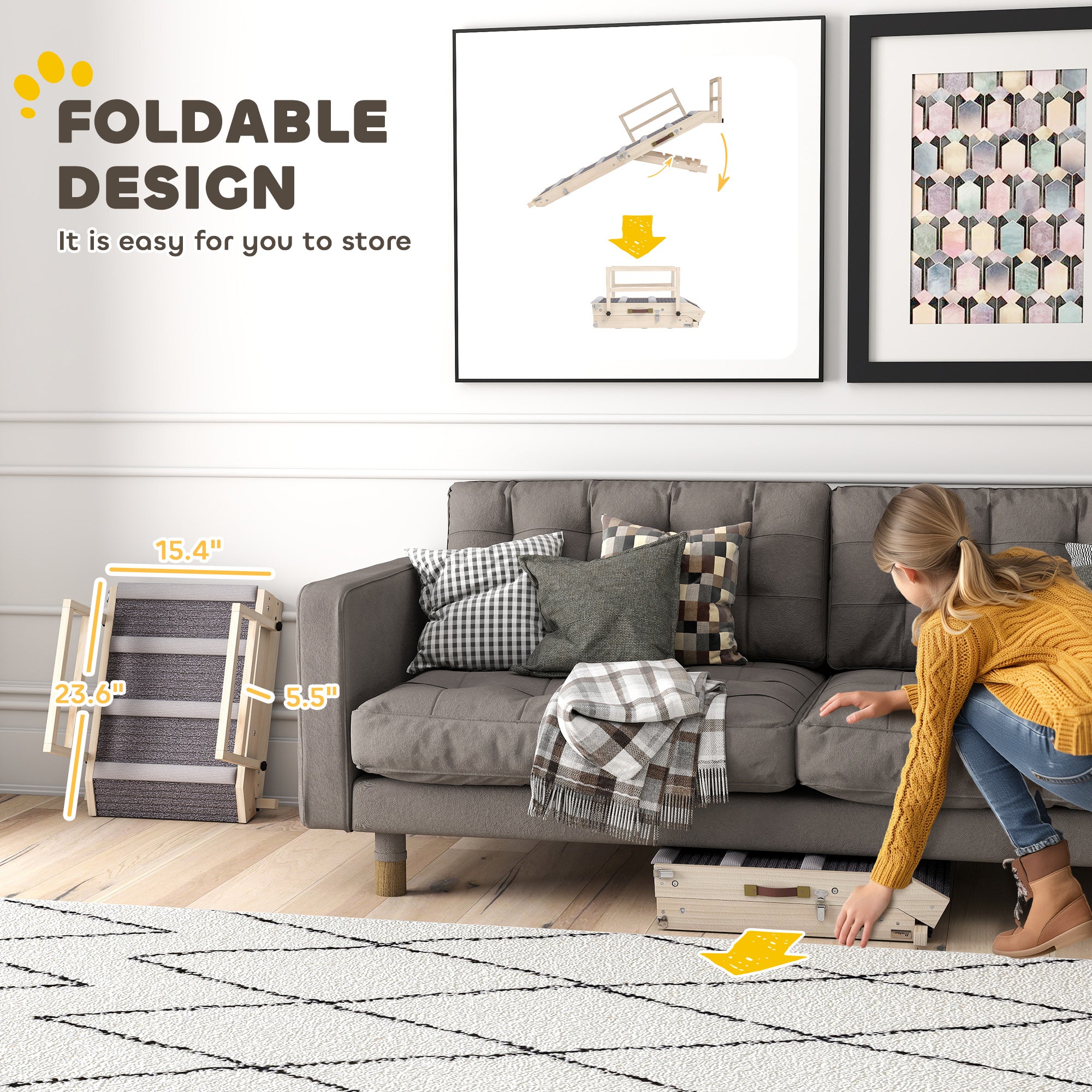 Dog Ramp for Couch, Folding Pet Ramp for Bed, 4 Adjustable Height from 15" to 19", Wooden Pet Step with Non-Slip Traction Mat and Safety Side Rails for Small to Large Dogs