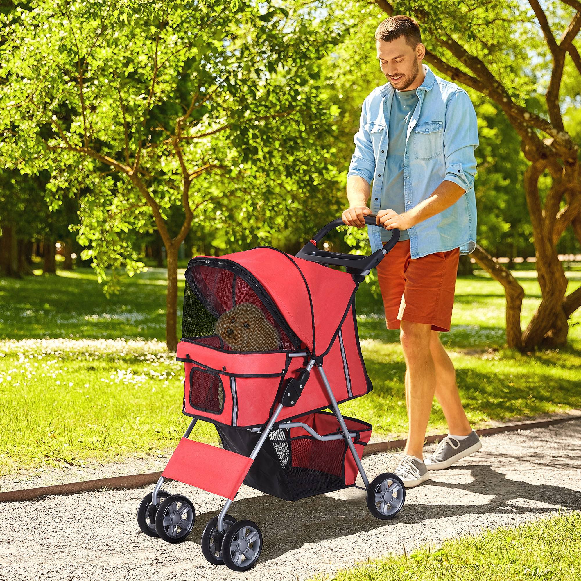 Pet Stroller for Small Miniature Dogs Cats Foldable Travel Carriage with Wheels Zipper Entry Cup Holder Storage Basket Red