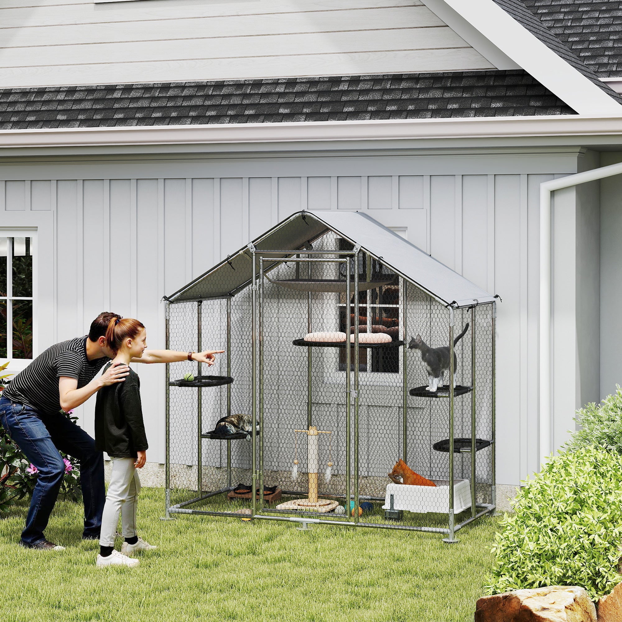 Large Catio Outdoor Cat Enclosure, Galvanized Steel Walk-in Cat Patio for Multiple Kittens, Outdoor Kitty Cage with Waterproof Cover, 5 Adjustable Platforms, Hammock, Metal Chicken Coop Run