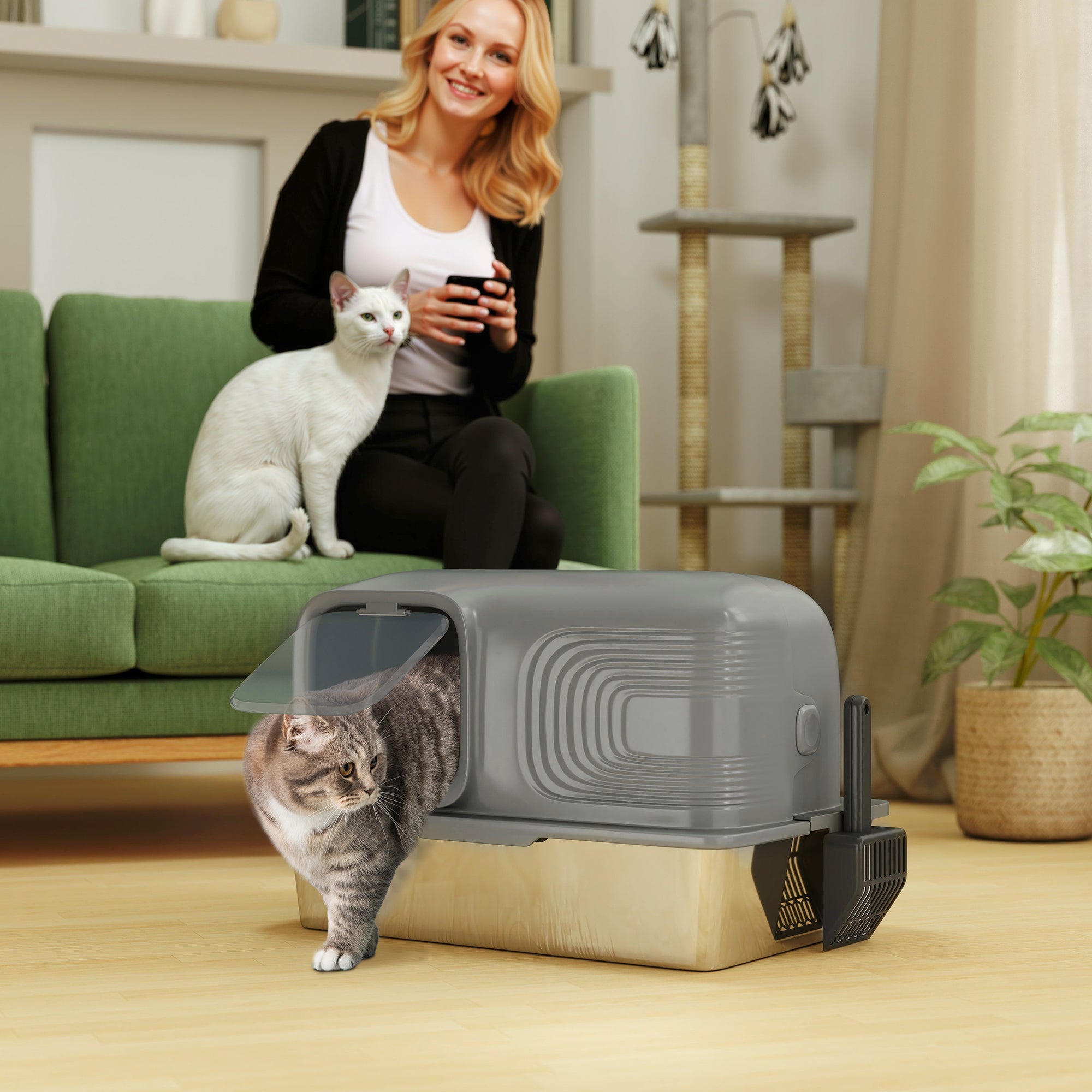 Stainless Steel Litter Tray with Plasma Deodoriser System, 65L Extra Large Enclosed Litter Box with Lid High, Sided Wall and Scoop for Larger Cats, Easy to Clean & Odour-Resistant, Grey