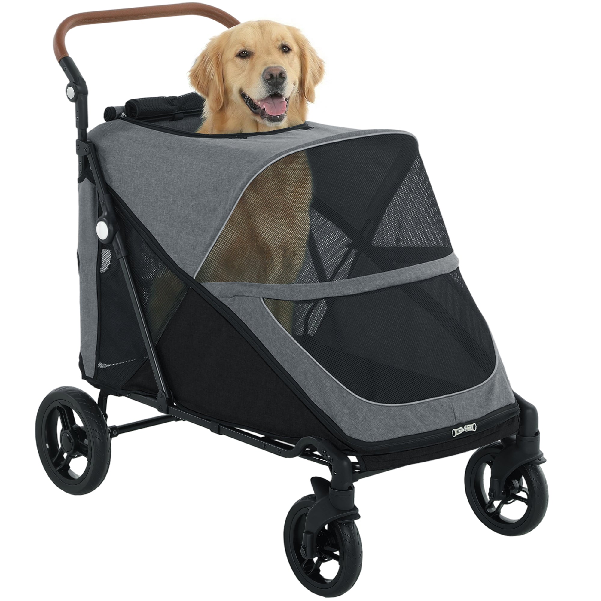 Dog Stroller for Large Dogs, One-Click Folding 4 Wheel Large Pet Stroller Wagon for Multiple Pets, All Terrain Spring Suspension w/ 8-Position Adjustable Handle, Mesh Window, Up to 88 LBS, Gray