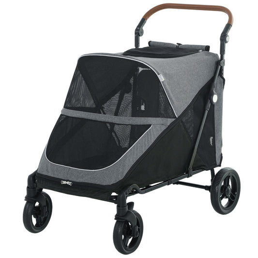 Dog Stroller for Large Dogs, One-Click Folding 4 Wheel Large Pet Stroller Wagon for Multiple Pets, All Terrain Spring Suspension w/ 8-Position Adjustable Handle, Mesh Window, Up to 88 LBS, Gray
