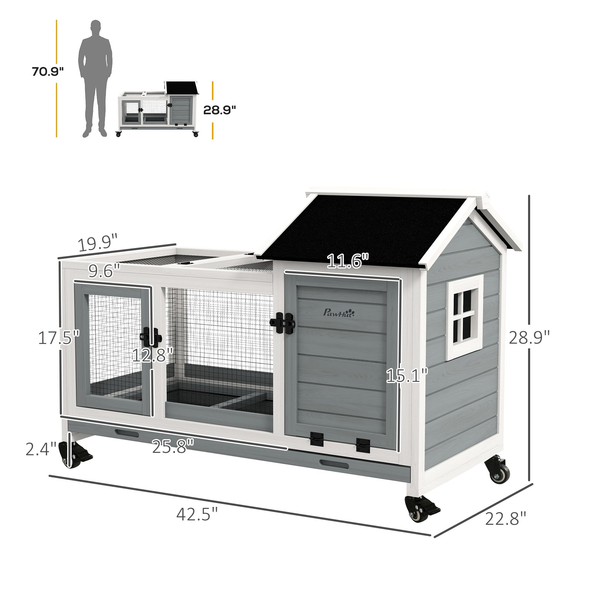 PawHut Indoor Outdoor Wooden Rabbit Hutch with Wheels, Large Bunny Hutch with Run & Slide-Out Tray for Small Animals, Guinea Pig, Gray