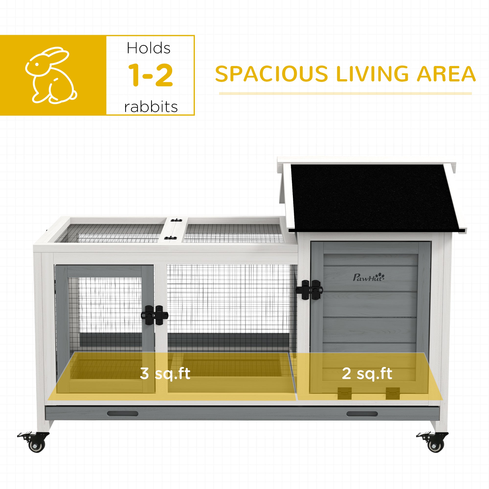 PawHut Indoor Outdoor Wooden Rabbit Hutch with Wheels, Large Bunny Hutch with Run & Slide-Out Tray for Small Animals, Guinea Pig, Gray