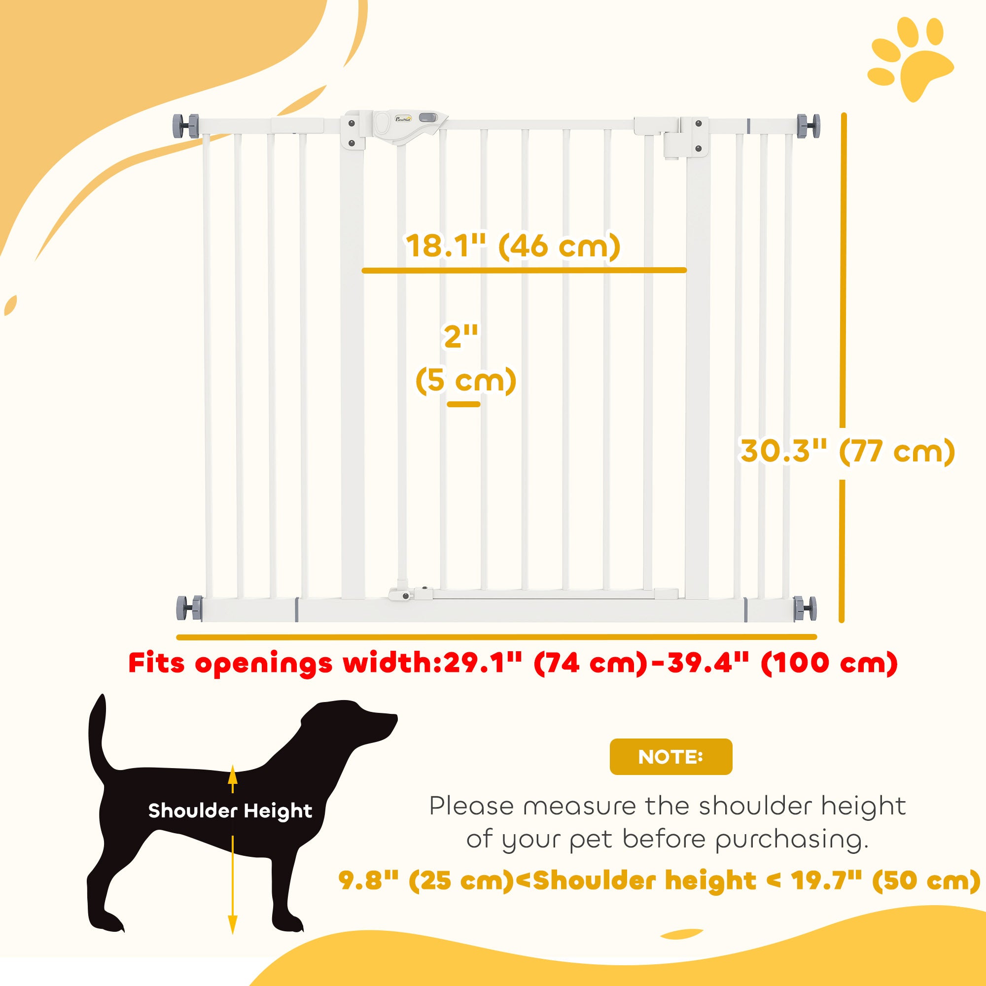 29"-39" Wide Pet Gate with Door Dog Gate and Barrier Indoor for Stairs, 30 Inch Tall Pressure-Mounted Safety Gate, White