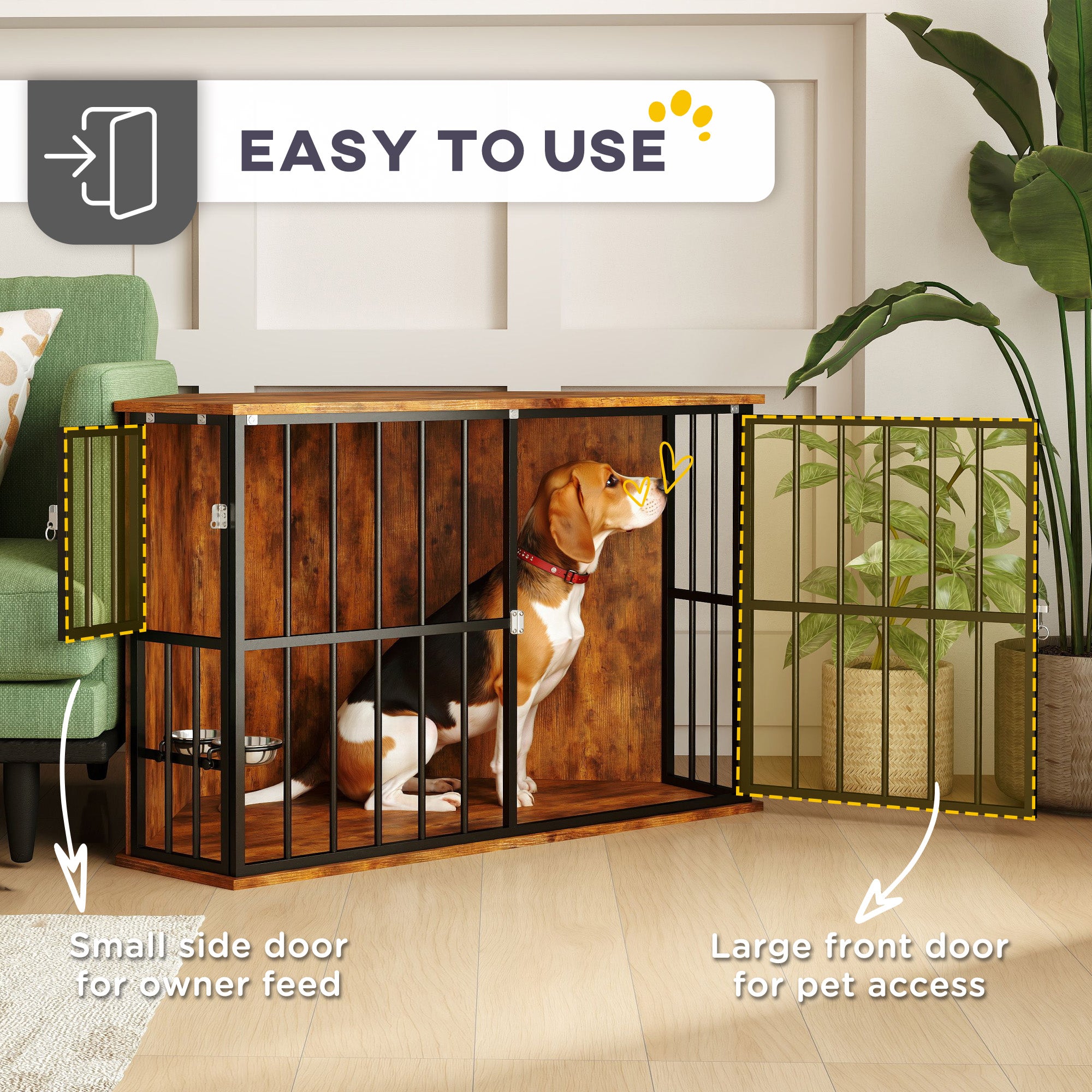 Corner Dog Crate Furniture, Dog Kennel Side End Table TV Stand with Two Bowls, Feeding Door, for Small, Medium Breeds, Rustic Brown