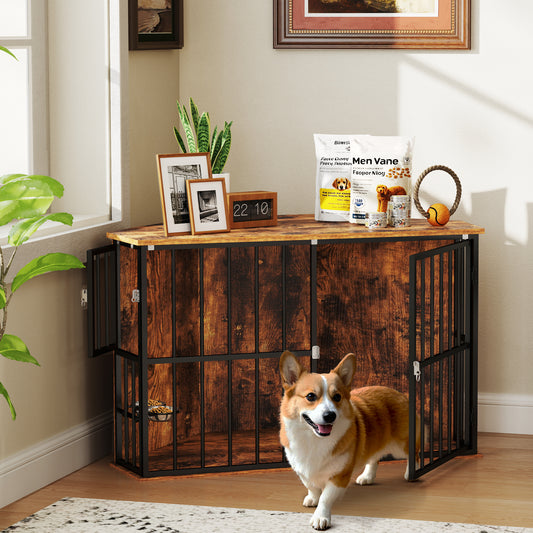 Corner Dog Crate Furniture, Dog Kennel Side End Table TV Stand with Two Bowls, Feeding Door, for Small, Medium Breeds, Rustic Brown