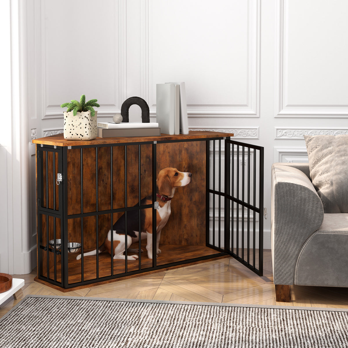 Dog Rest Table PawHut Dog Kennel Side End Table with Two Bowls, Feeding Door, for S to ...