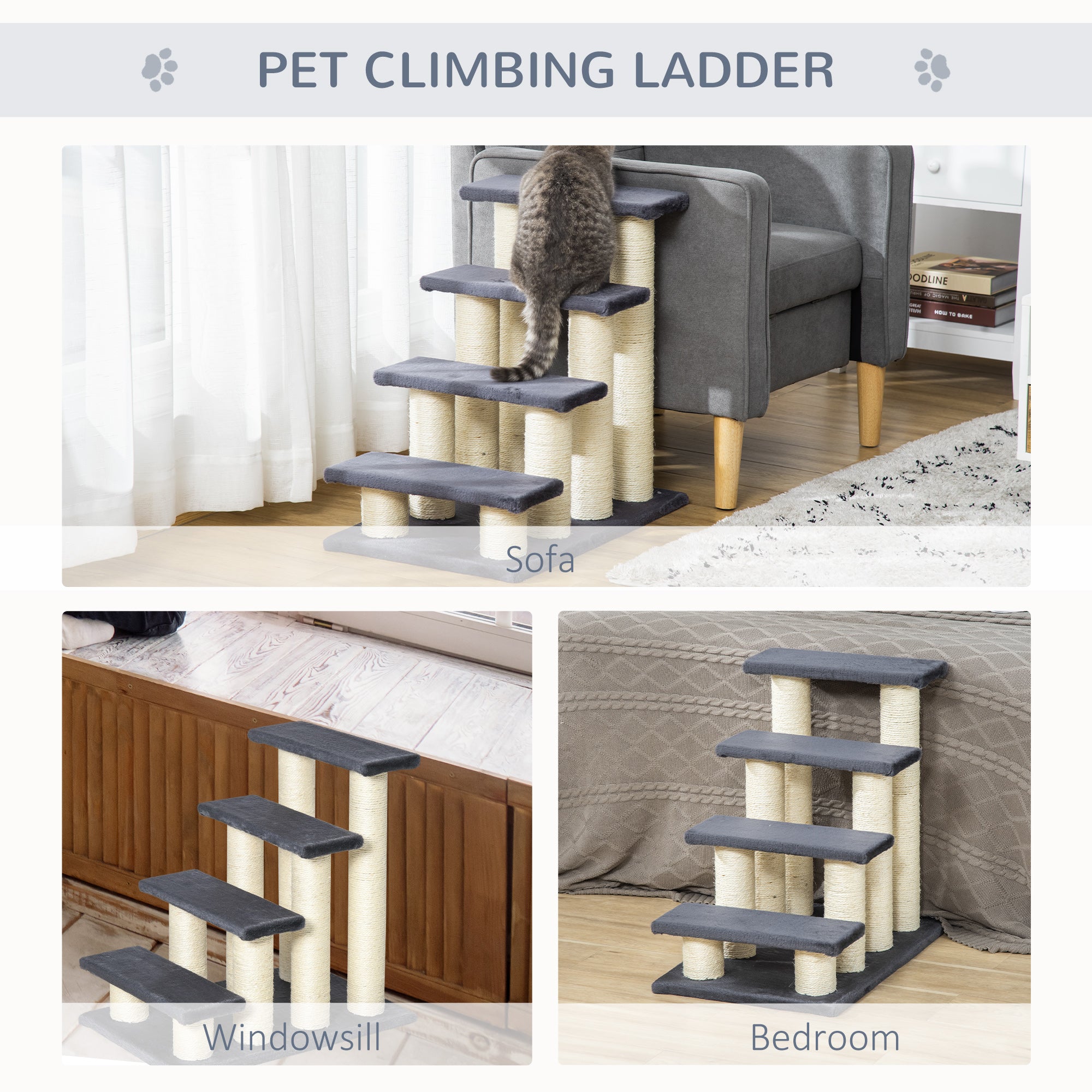 Dog Steps for Bed 4 Step Pet Stairs for Dog Cat ladder Scratch Post Grey