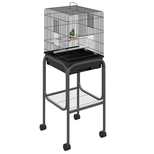 45-inch Metal Indoor Bird Cage, Parrot Cage, Bird Aviary with Detachable Rolling Stand, Storage Basket, and Accessories - Black