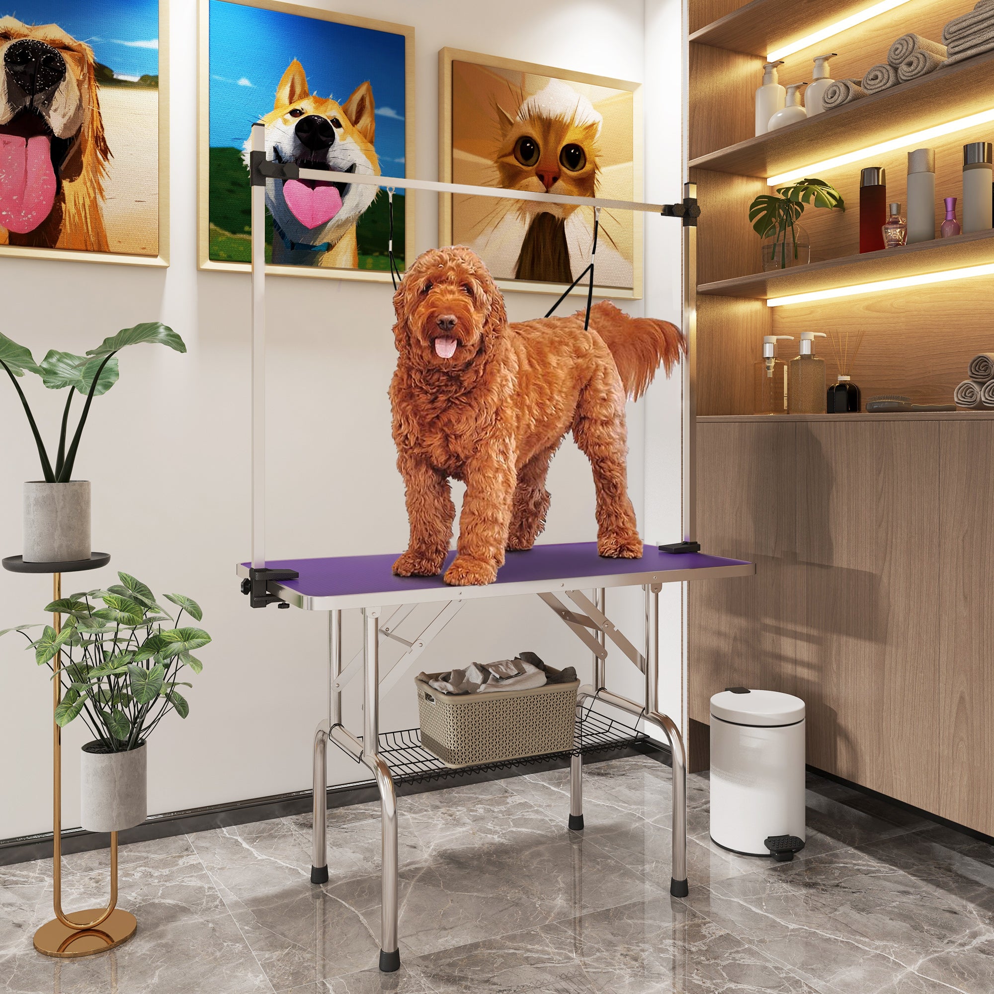 43"L Dog Grooming Table, Pet Foldable Grooming Table with 8"- 32" Adjustable Arm, Two Nooses, Mesh Tray and Rubber Top for Large Medium Small Pets, Purple