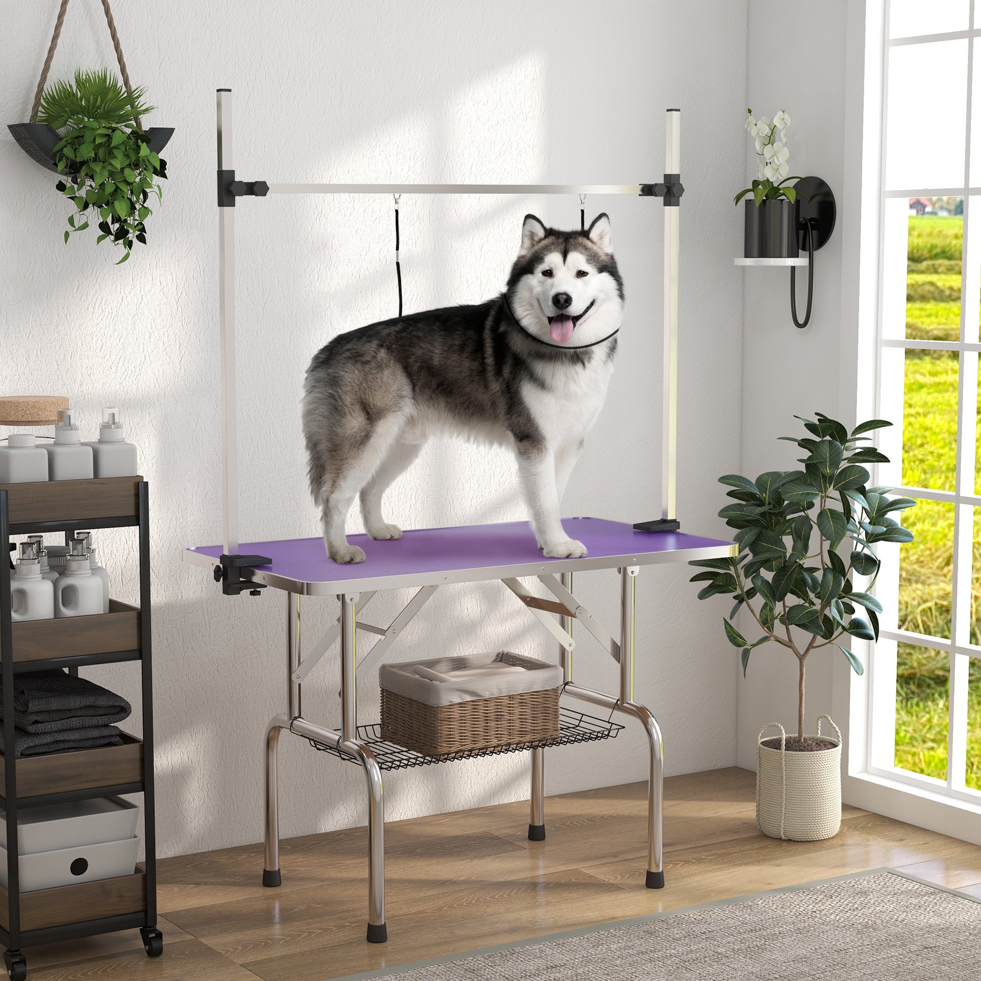 43"L Dog Grooming Table, Pet Foldable Grooming Table with 8"- 32" Adjustable Arm, Two Nooses, Mesh Tray and Rubber Top for Large Medium Small Pets, Purple